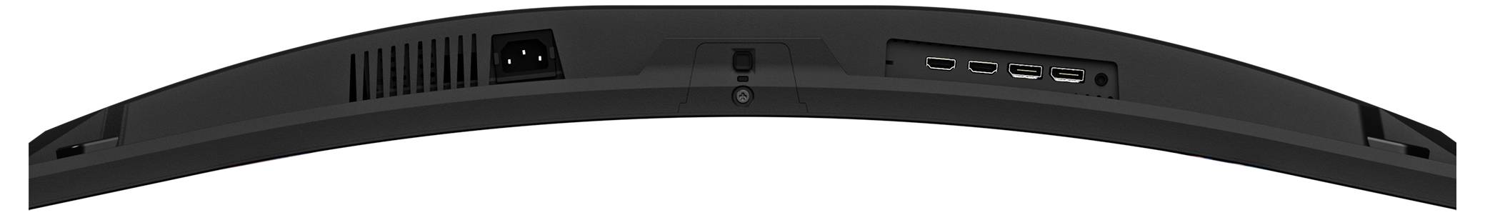 Rückansicht eines gebogenen Monitors, der verschiedene Anschlüsse zeigt, einschließlich Stromversorgung und mehrerer Eingabeanschlüsse.