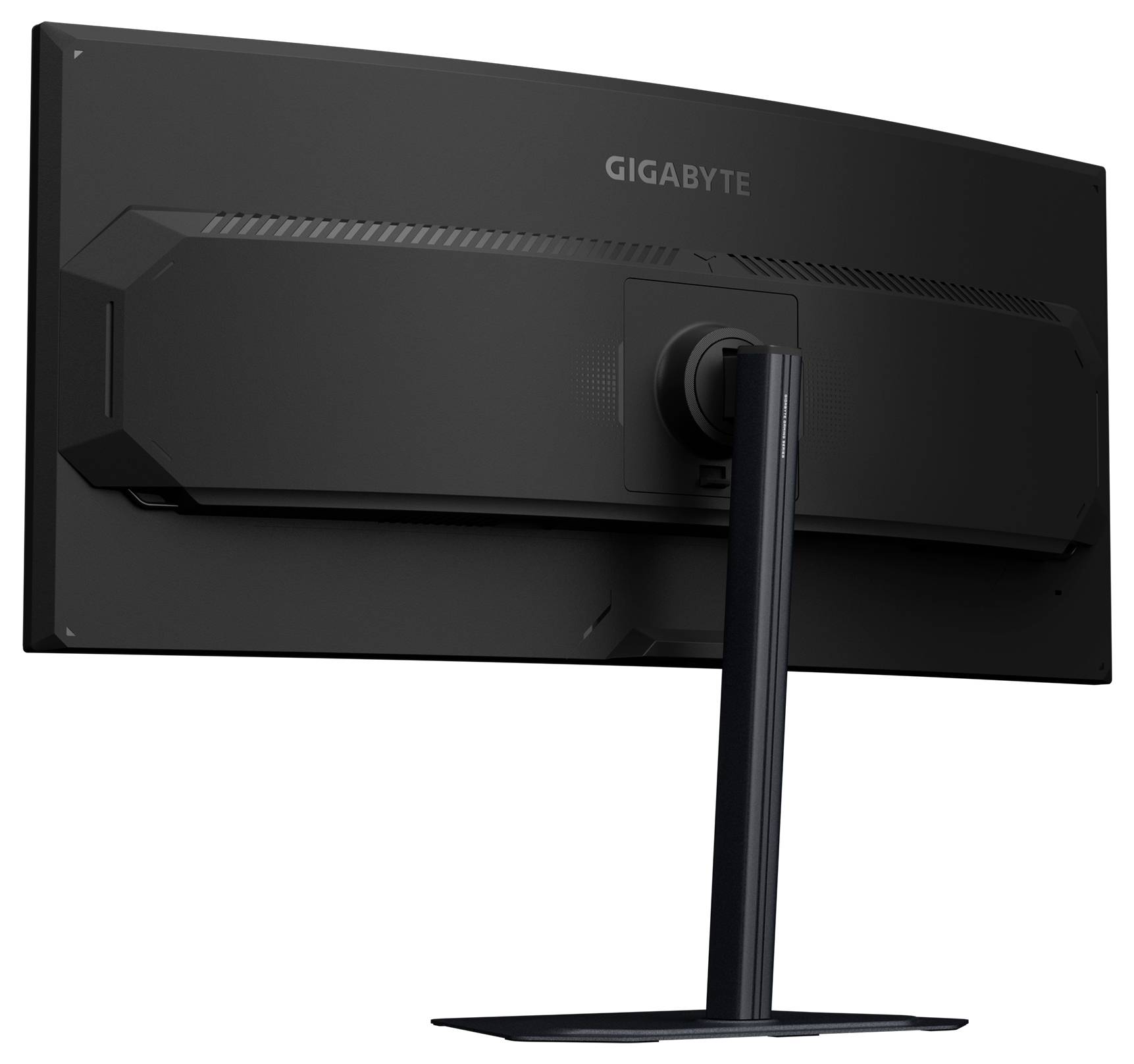 Ein schwarzer Gigabyte-Computer-Monitor, von hinten betrachtet, auf einem schwarzen Ständer montiert, mit sichtbarem Markennamen.
