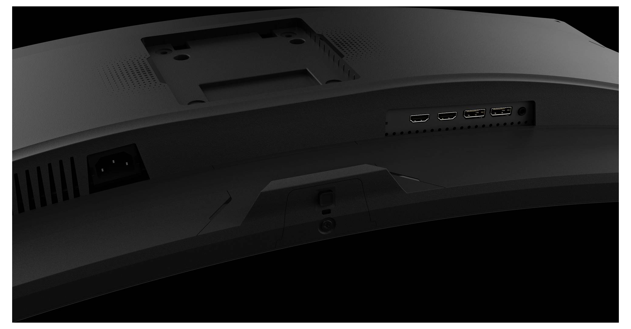 Rückansicht eines gebogenen Monitors mit Netzanschluss, zwei HDMI-Anschlüssen, einem DisplayPort und einem Audioeingang, die die Konnektivitätsoptionen aufzeigen.