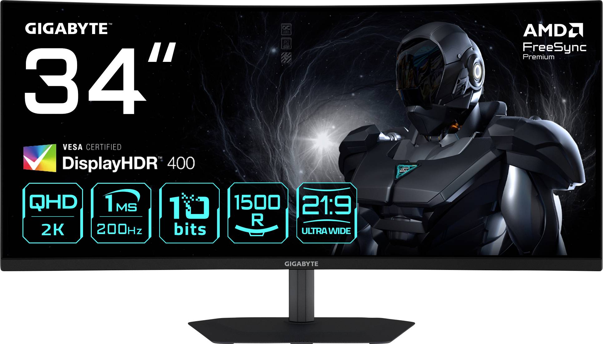 Ein großer, gebogener Gaming-Monitor-Bildschirm mit Spezifikationen: 34