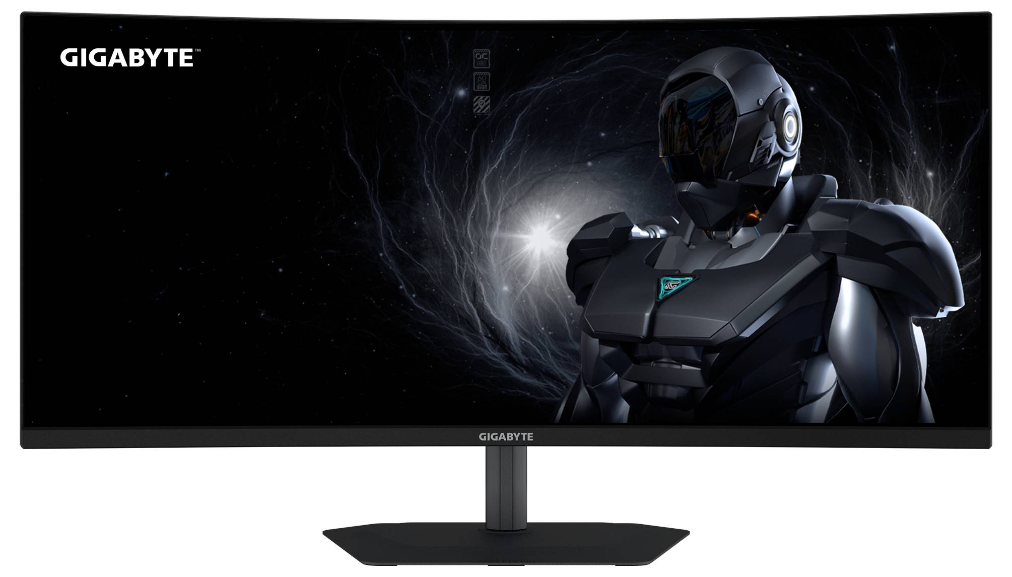 Ein Gigabyte-Curved-Monitor, der eine futuristische Rüstungsfigur vor einem kosmischen Hintergrund zeigt.