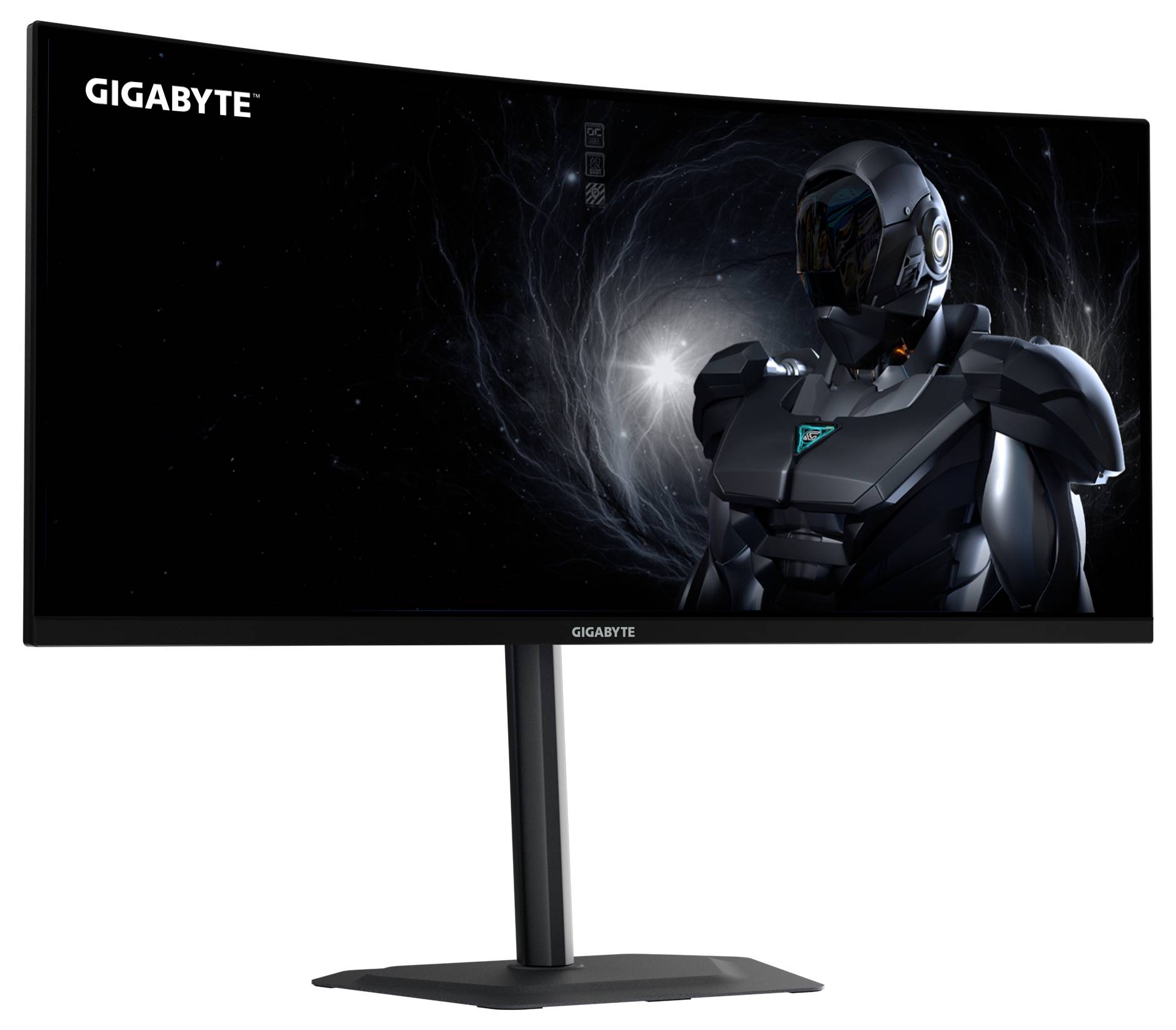 Ein gebogener GIGABYTE-Monitor zeigt einen Sci-Fi-Roboter vor einem dunklen weltraumartigen Hintergrund und betont die Größe des Bildschirms sowie die immersiven Visuals.