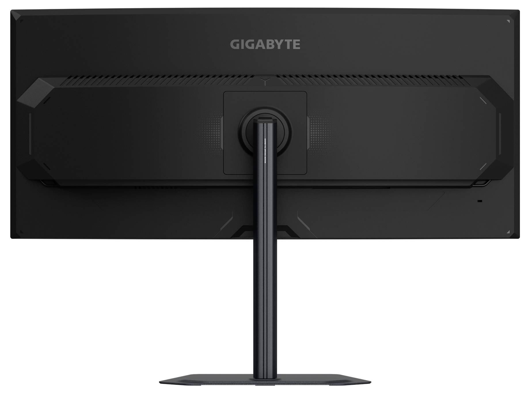 Ein Gigabyte-Monitor von hinten betrachtet, der ein schlankes Design mit einem zentralen Ständer und dem Markenlogo an der Oberseite zeigt.