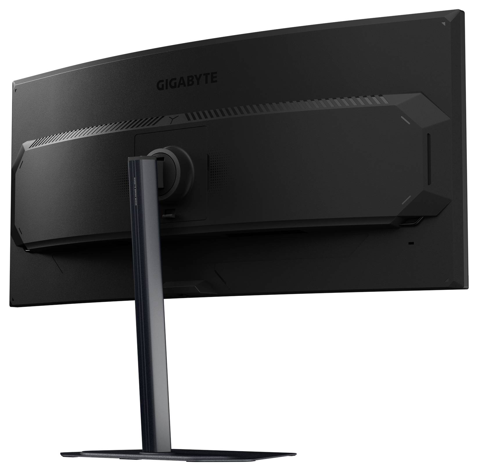 Ein gebogener Gigabyte-Computermonitor, von hinten betrachtet, mit Ständer und Anschlüssen.
