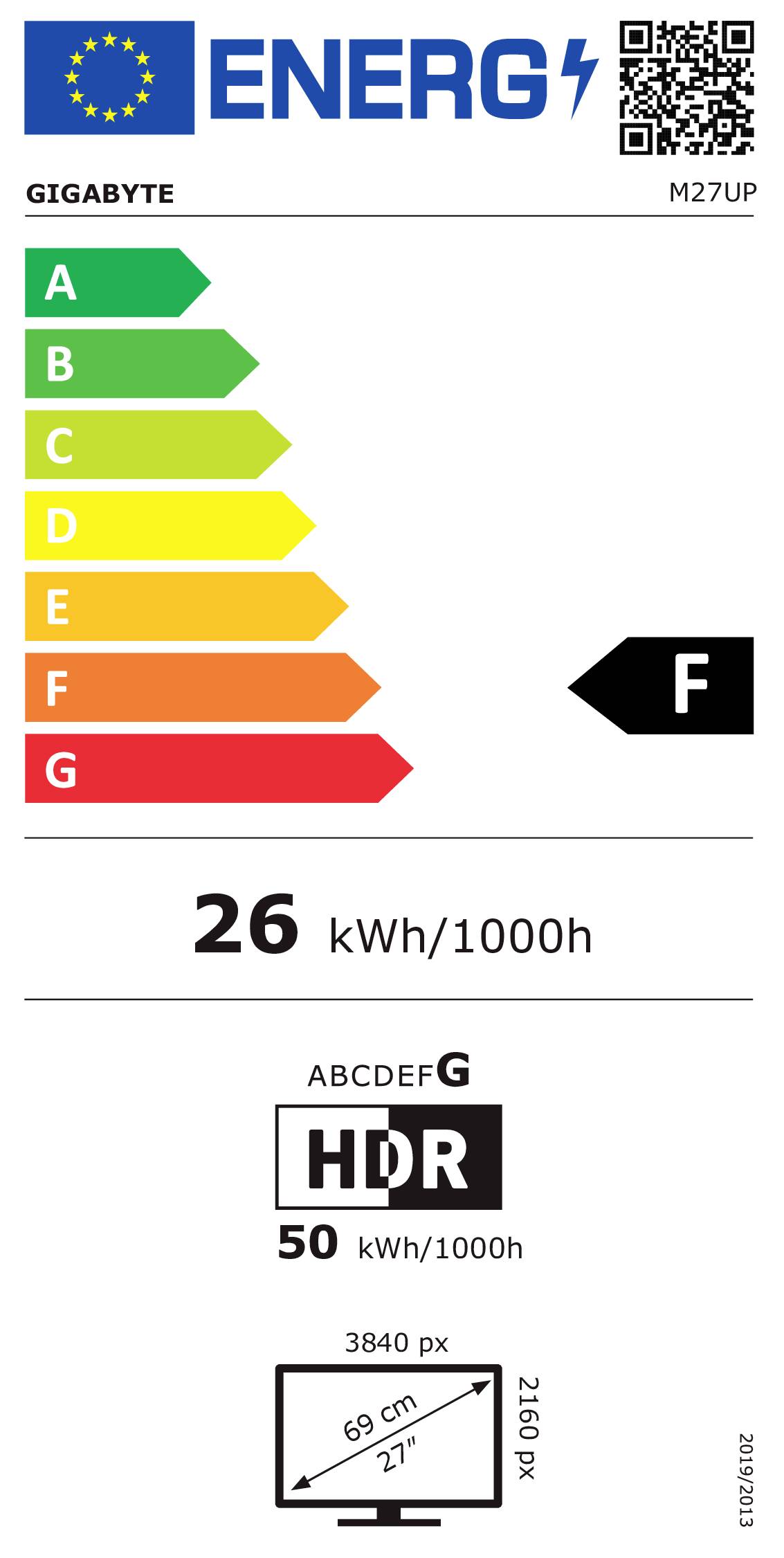 Energieeffizienz-Etikett für den 'GIGABYTE M27UP' Monitor zeigt eine Bewertung von F, mit einem Verbrauch von 26 kWh/1000h; Abmessungen 69 cm bei 27 Zoll; 3840 px.