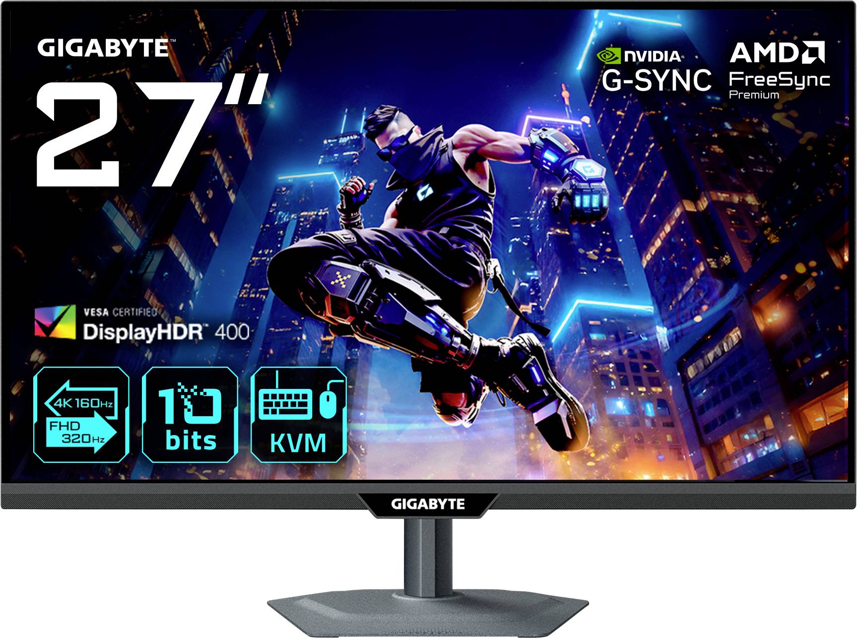 Ein Gaming-Monitor, der eine futuristische Stadtszene mit einer Figur in dynamischer Pose zeigt. Der Text enthält '27