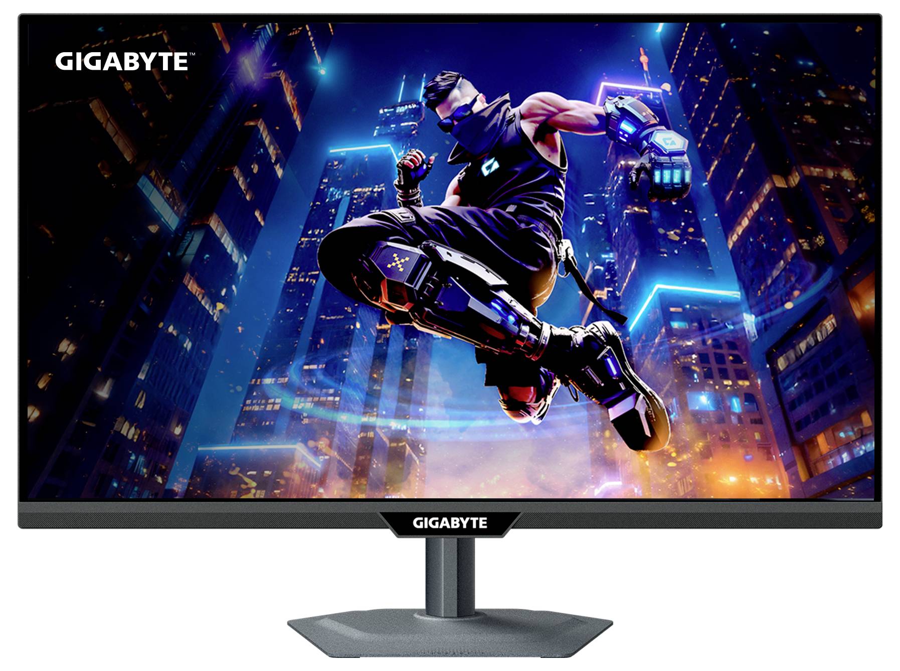 Eine futuristische Stadtlandschaft wird auf einem Monitor mit leuchtenden Farben dargestellt und zeigt eine Figur in der Luft schwebend, die eine Maske und leuchtende Ausrüstung trägt.