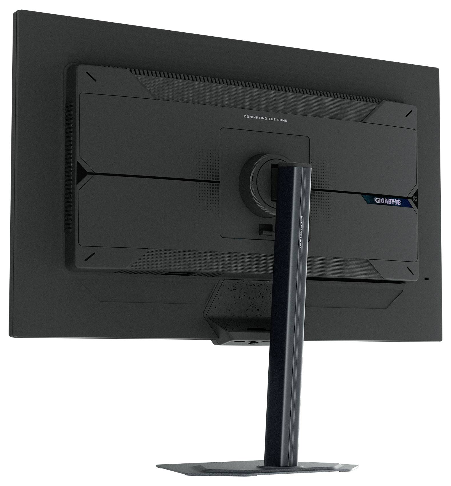 Ein schwarzer Computermonitor mit einem dunklen Ständer, von hinten betrachtet, der die Modellbezeichnung zeigt. Das Design ist schlicht und modern.