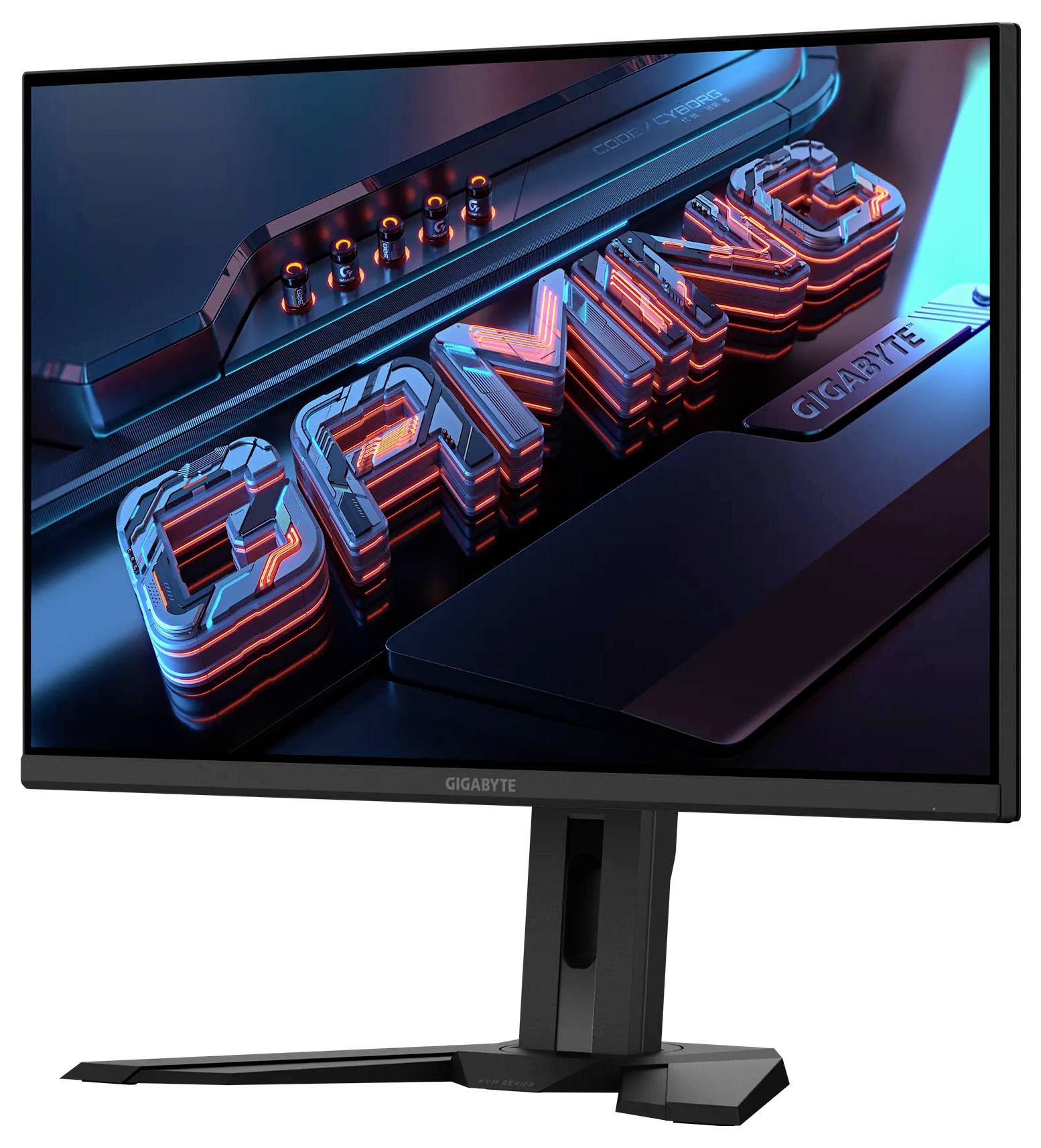 Ein schlanker Gaming-Monitor mit fetten 3D-Buchstaben 'GAMING' auf dem Bildschirm, ausgestattet mit einem futuristischen Design und einem stabilen Ständer.