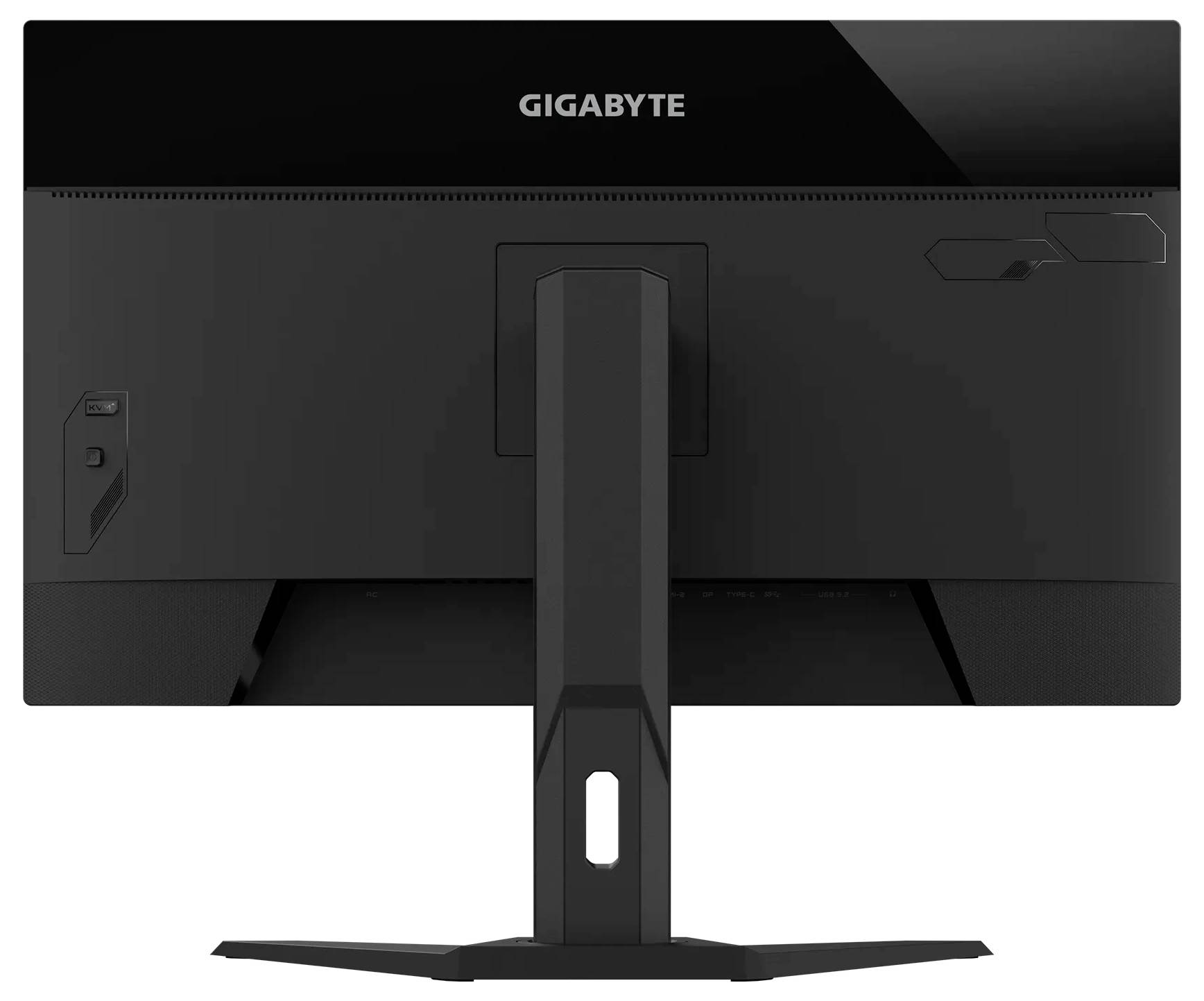 Rückansicht eines schwarzen GIGABYTE-Computermonitors, der den Standfuß und die Eingabeanschlüsse zeigt.