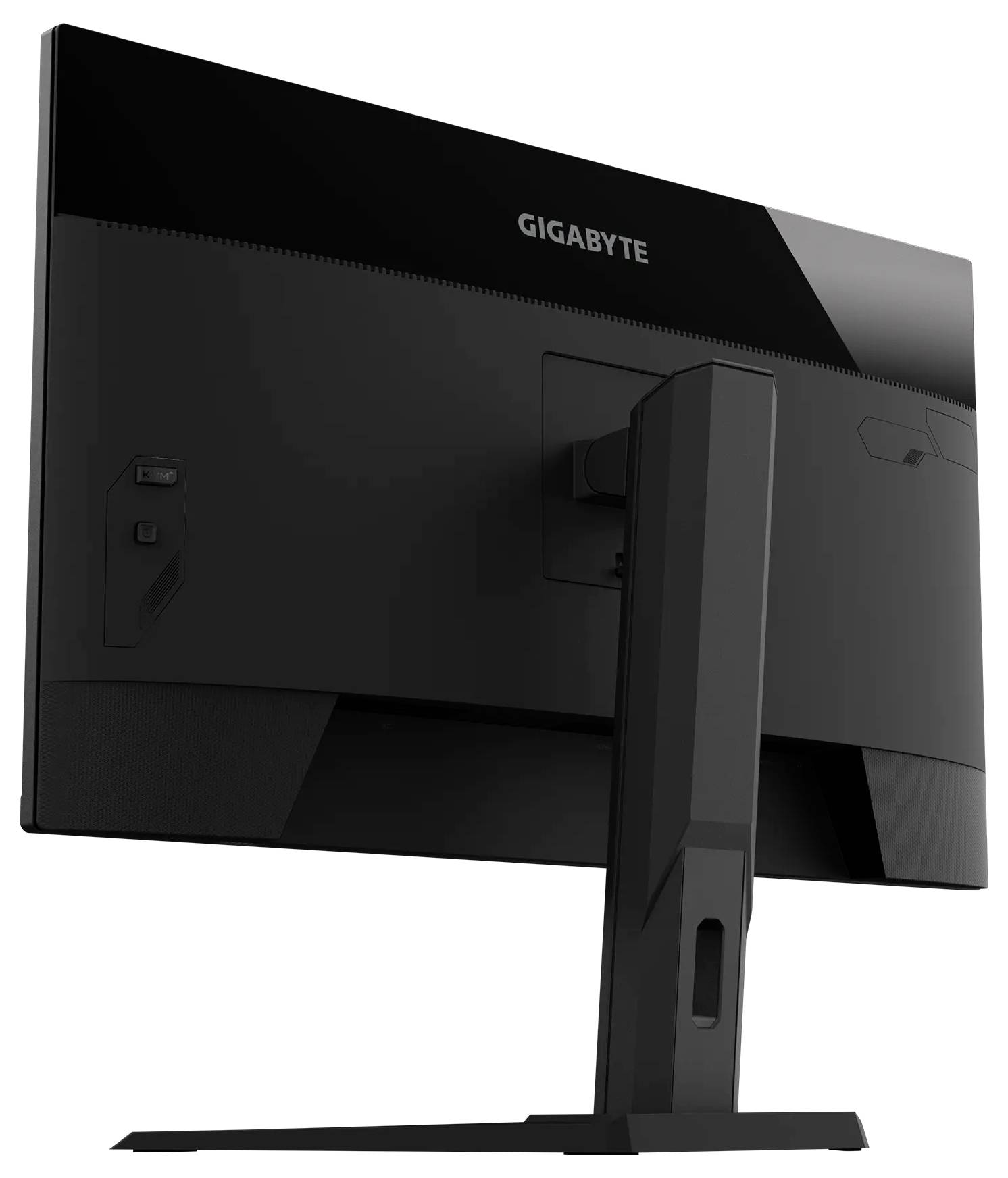 Ein schwarzer Computermonitor, von hinten betrachtet, der den Ständer und ein Markenlogo von 'Gigabyte' in der oberen Mitte zeigt.