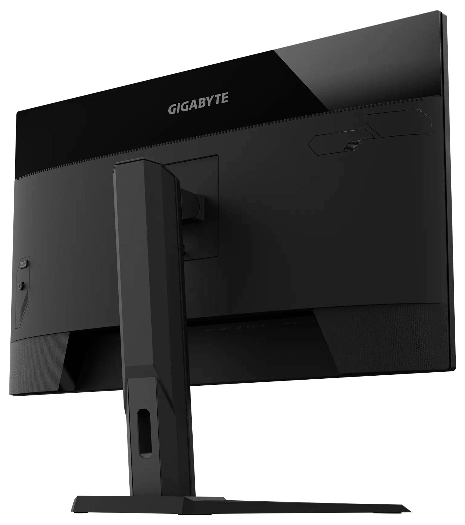 Ein schlanker, schwarzer Gigabyte-Computermonitor, von hinten betrachtet, der seinen Standfuß und sein schlankes Design mit dezenten Markierungen oben präsentiert.