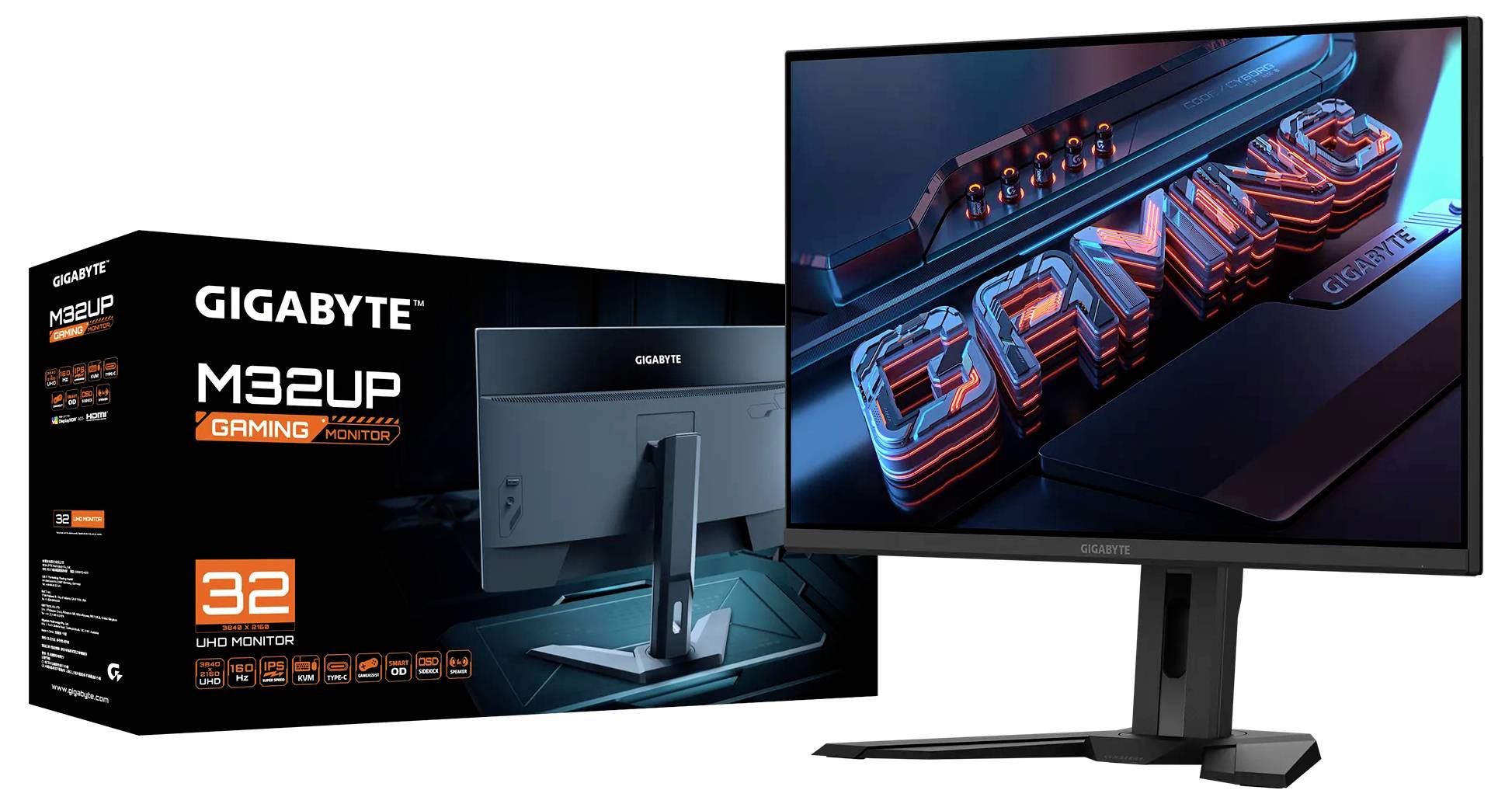 Gigabyte M32U Gaming-Monitor präsentiert, Merkmale umfassen 32-Zoll-4K-UHD-Auflösung. Bild zeigt Monitor und Verpackungskarton.