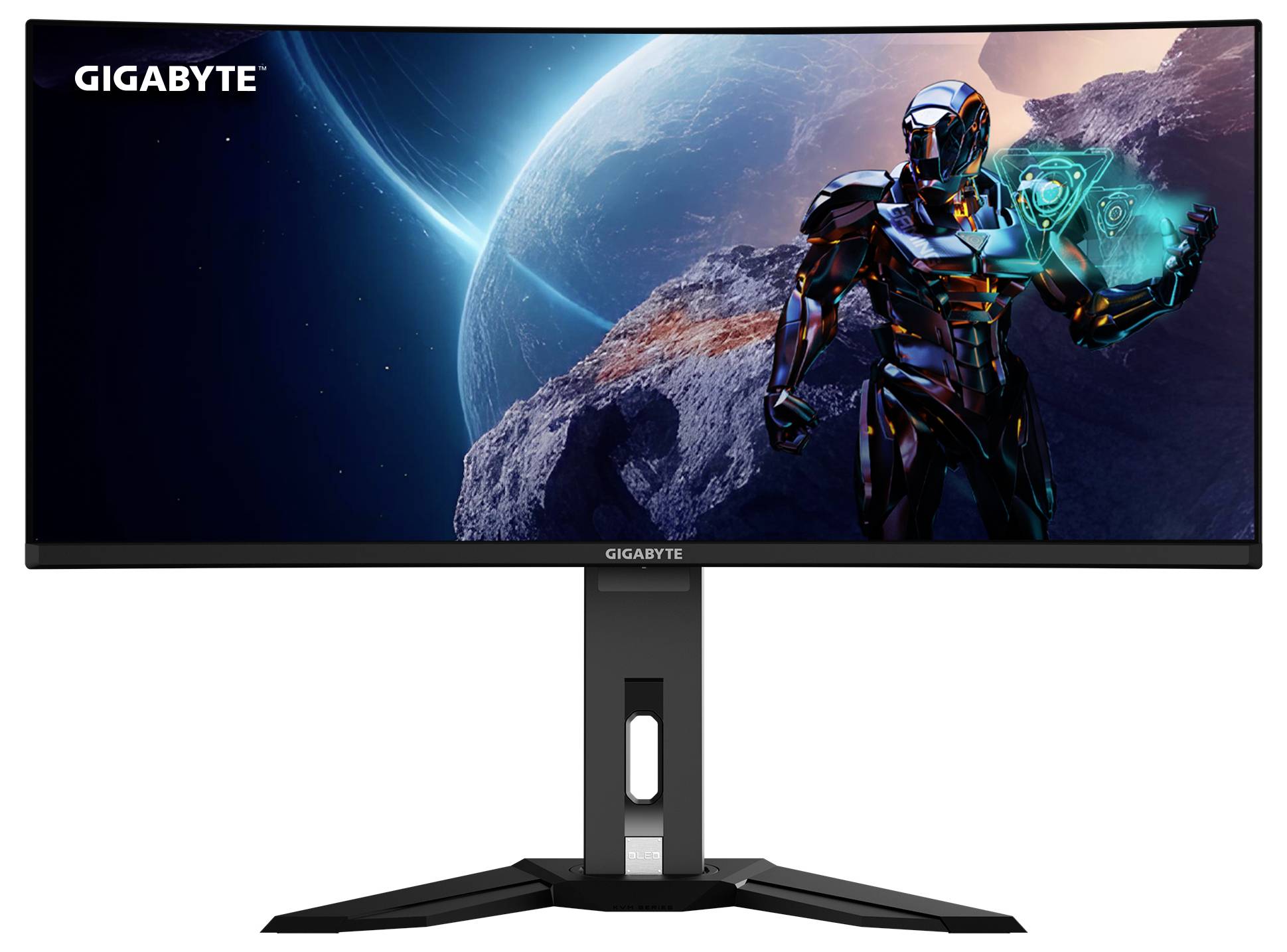 Ein futuristisch gestalteter Computermonitor, der einen Roboter zeigt, der ein leuchtendes Gerät hält, mit einem Planeten und Weltraumhintergrund.