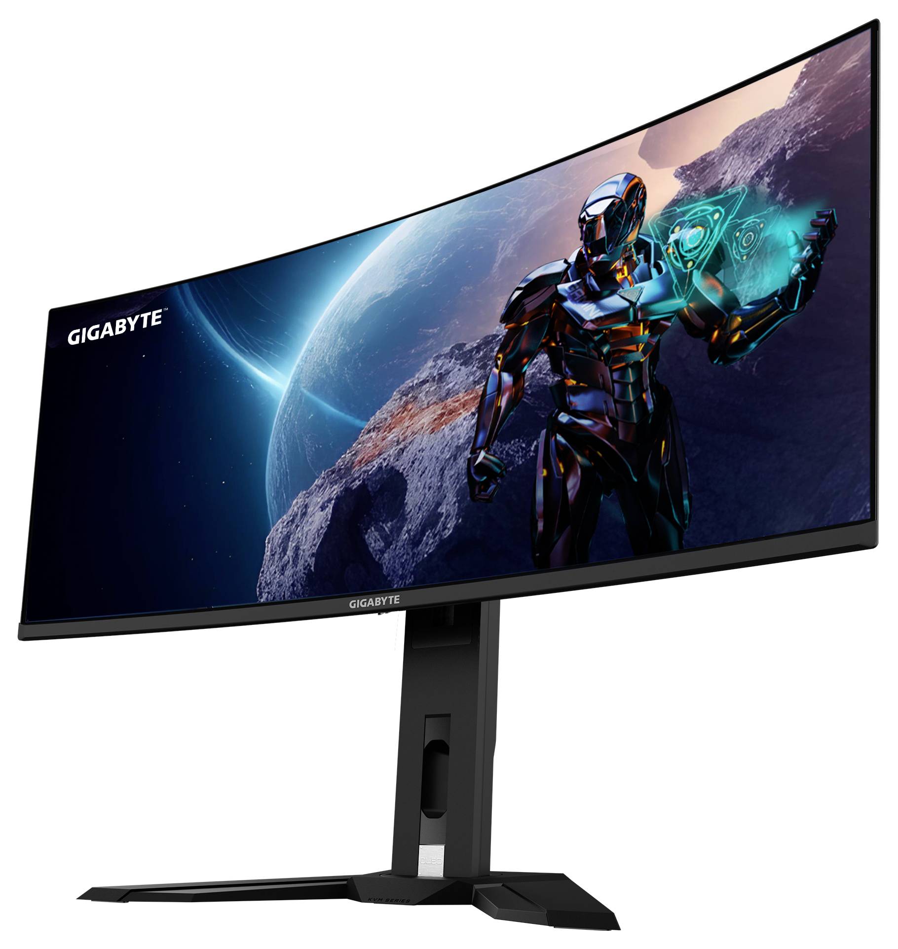 Ein gekrümmter Monitor, der einen futuristischen Roboter auf einer felsigen Landschaft zeigt, mit der Erde und dem Weltraum im Hintergrund, mit der Markenbezeichnung 