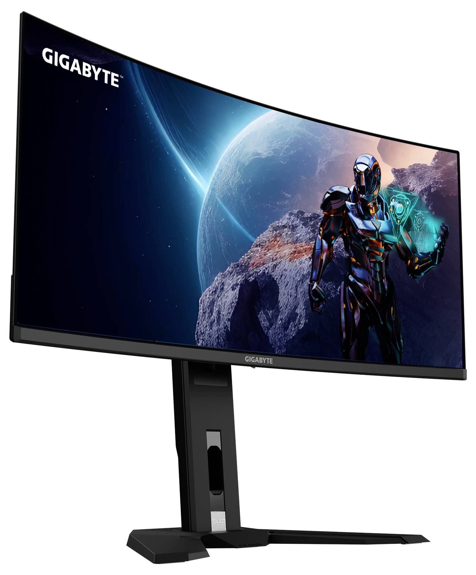 Ein gebogener Computermonitor, der eine futuristische Szene mit einem Roboter und einem Planeten zeigt. Die Marke 'GIGABYTE' ist oben links sichtbar.