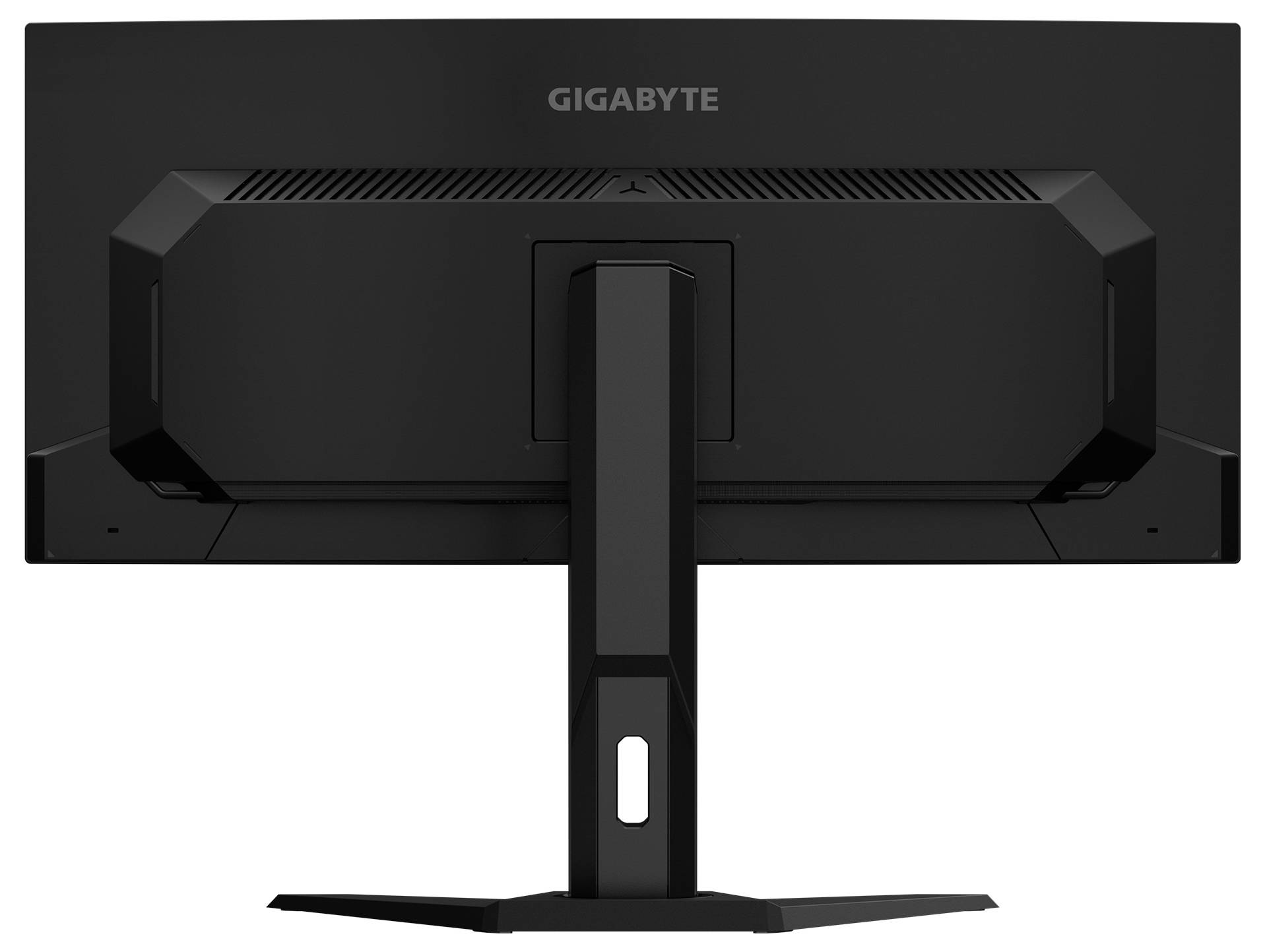 Ein schwarzer Gigabyte-Computermonitor, von hinten auf einem Ständer gezeigt, mit dem Markennamen oben am Gerät.