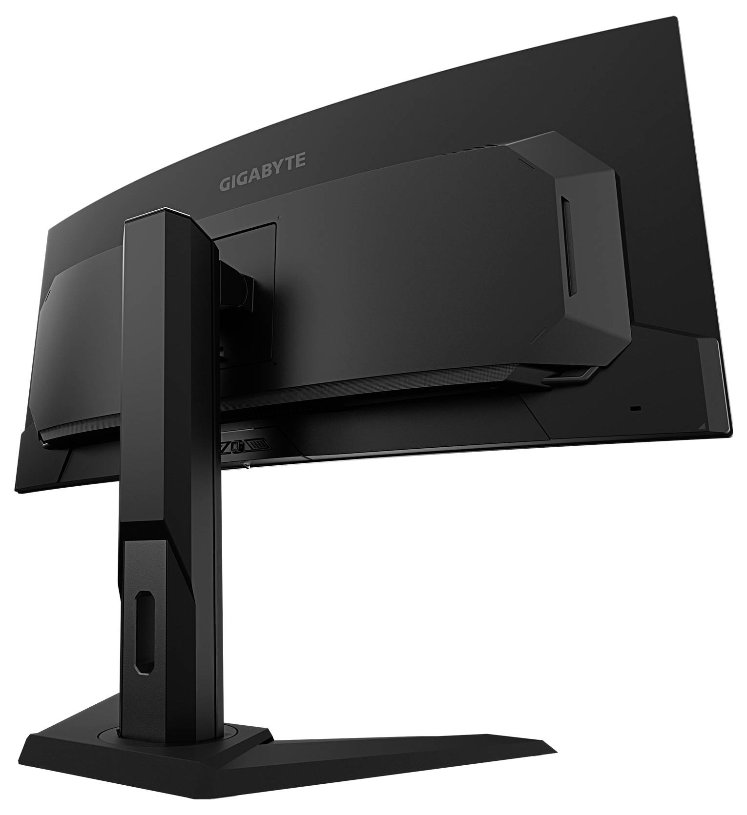 Ein schwarzer, gebogener Computerbildschirm, von hinten betrachtet, der seinen Standfuß und Markennamen zeigt.