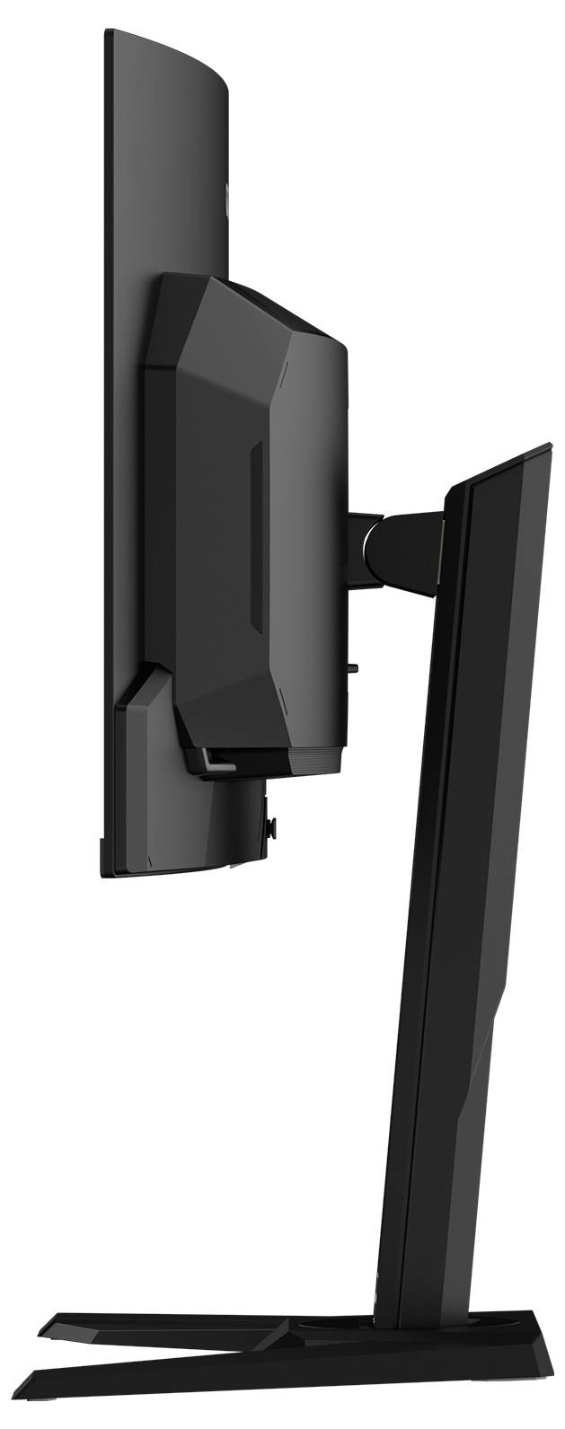 Seitenansicht eines schlanken, modernen Computermonitors auf einem stabilen Ständer. Das Design ist kantig, mit dem Bildschirm leicht nach vorn geneigt.