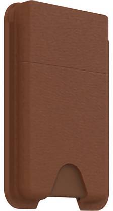 Ein braunes, strukturiertes rechteckiges Objekt mit einer kleinen Kerbe am unteren Ende, möglicherweise eine Schutzabdeckung oder ein Etui.