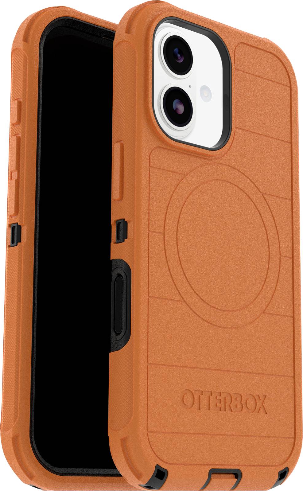 Eine orangefarbene OtterBox Handyhülle mit einem kreisförmigen Design auf der Rückseite, entwickelt für Stoßschutz und Kompatibilität mit iPhone-Geräten.