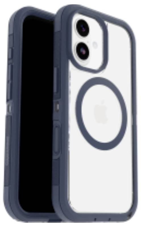 Ein Smartphone mit einer durchsichtigen Hülle, die ein sichtbares kreisförmiges Magnetdesign auf der Rückseite aufweist, in einem Winkel positioniert, der sowohl Vorder- als auch Rückseite zeigt.