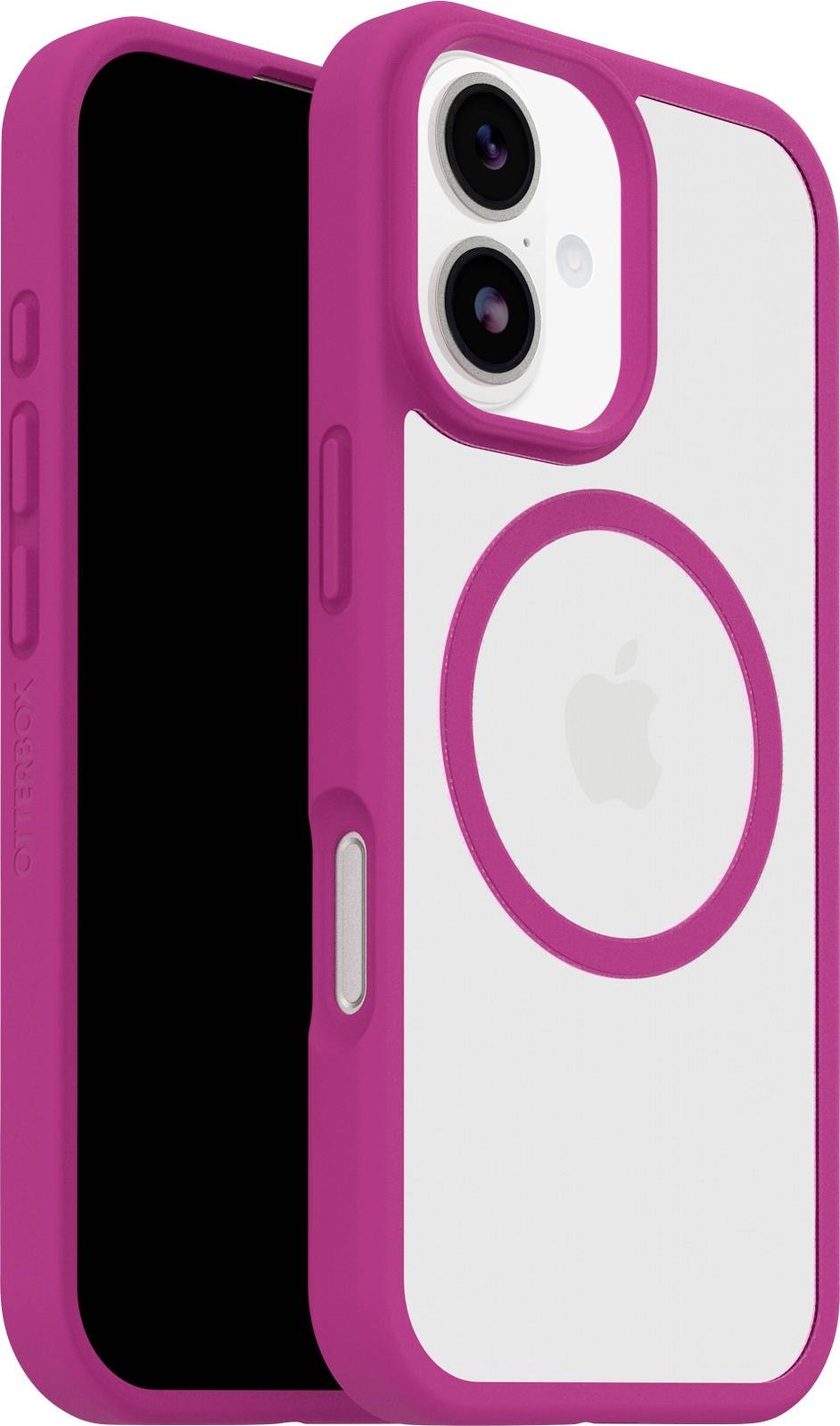 Ein Smartphone mit einer Dual-Kamera-Konfiguration in einem rosa und transparenten Schutzgehäuse, auf dessen Rückseite das Apple-Logo sichtbar ist.