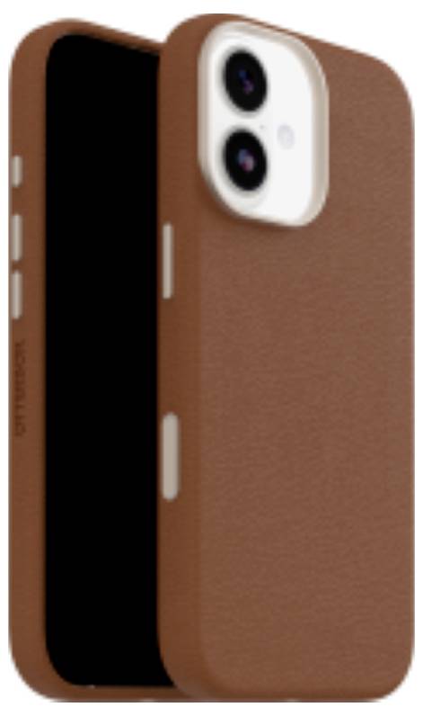 Eine braune Schutzabdeckung für ein Smartphone mit Dual-Kamera, die das Design der Rückseite und Seitenfläche präsentiert.