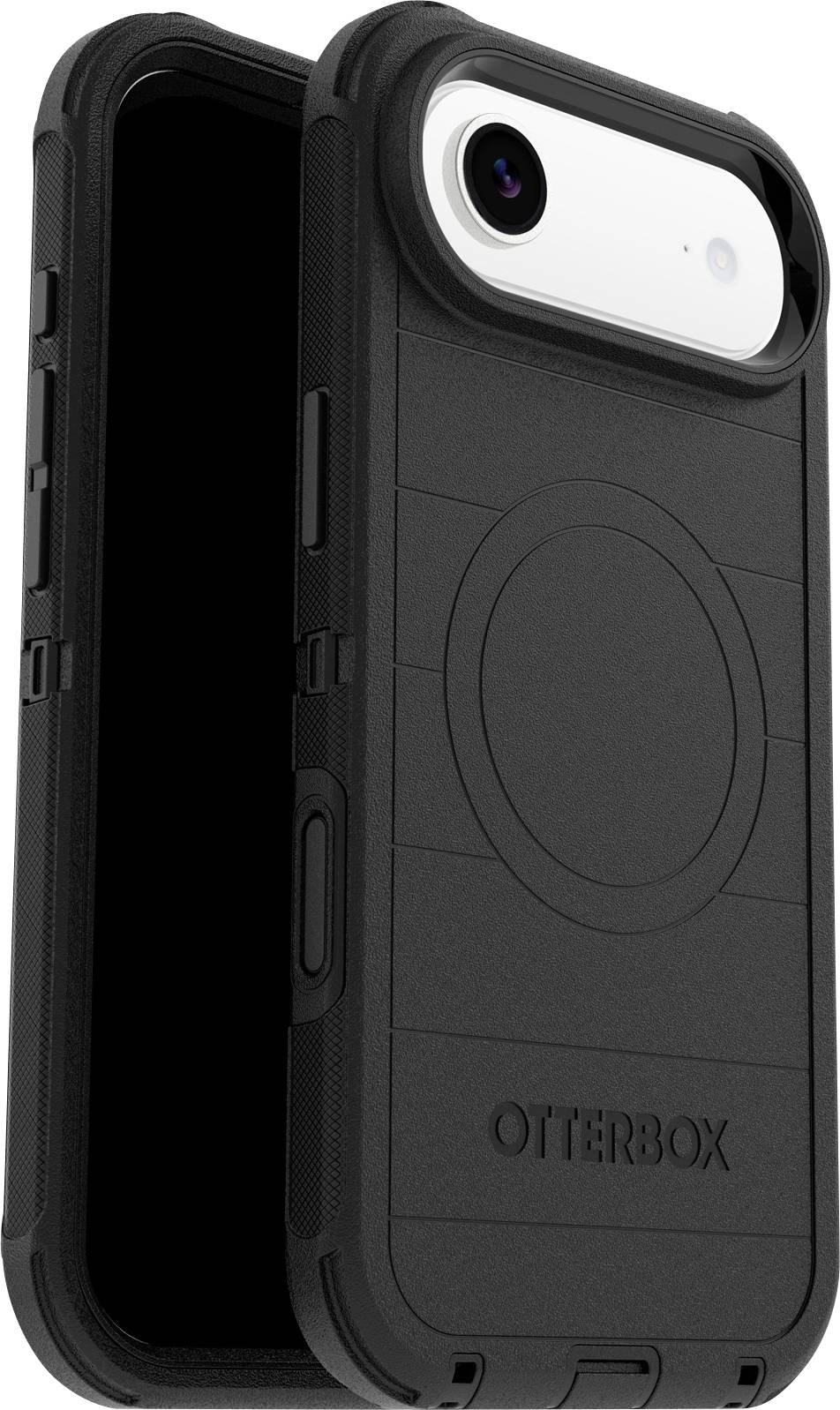 Eine schwarze Otterbox-Handyhülle mit einem kreisförmigen Muster auf der Rückseite, entworfen für ein Kamerahandy. Die Hülle ist robust und schützend.