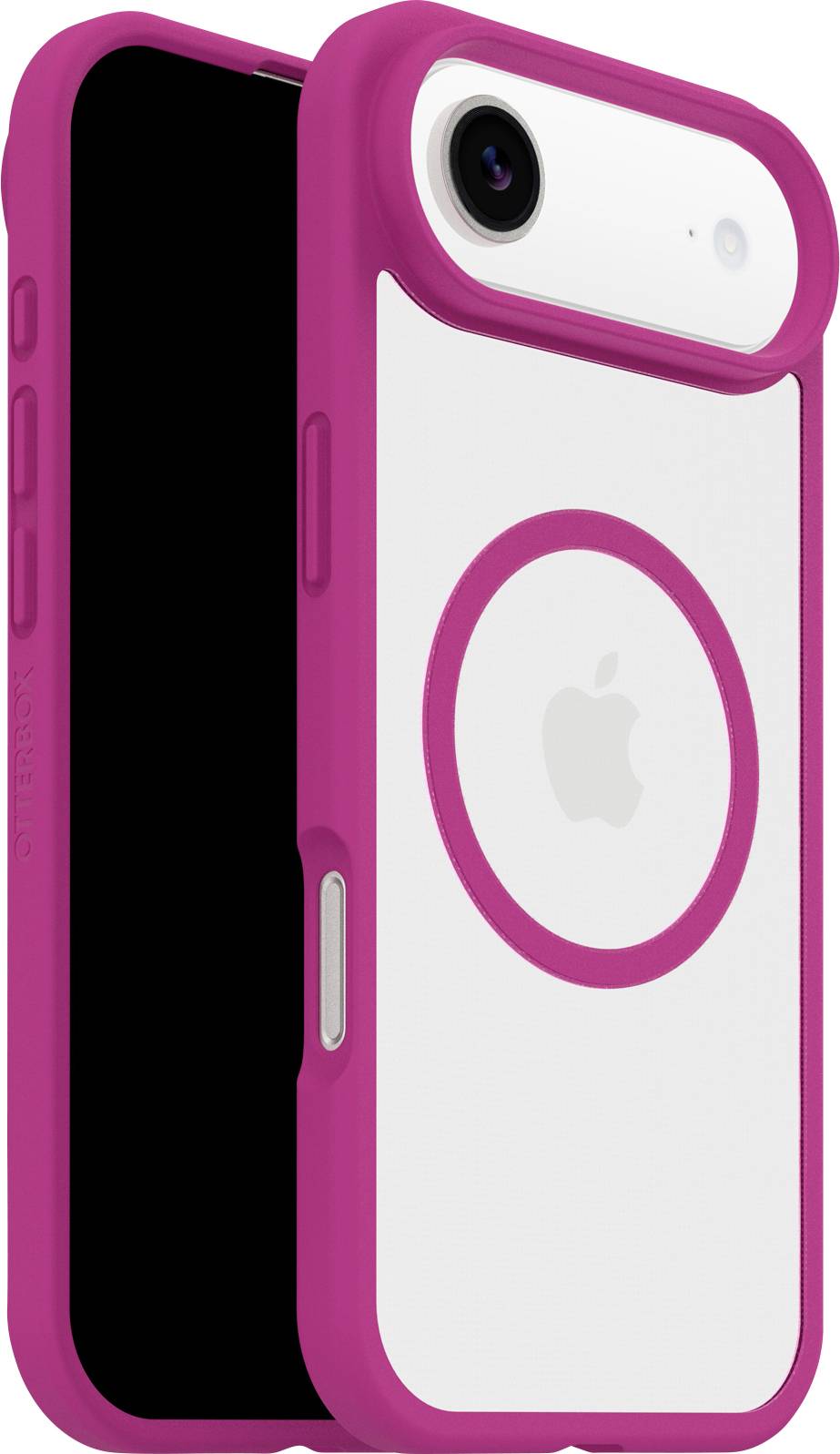Ein Smartphone in einem rosa-weißen Schutzgehäuse mit sichtbarem Apple-Logo auf der Rückseite.