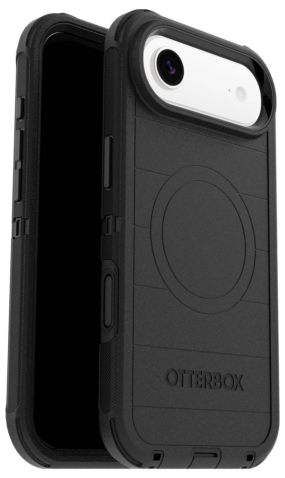 Ein schwarzes OtterBox-Handyhülle mit robustem Design und kreisförmigem Muster auf der Rückseite, die teilweise ein Smartphone mit weißem Kameramodul abdeckt.