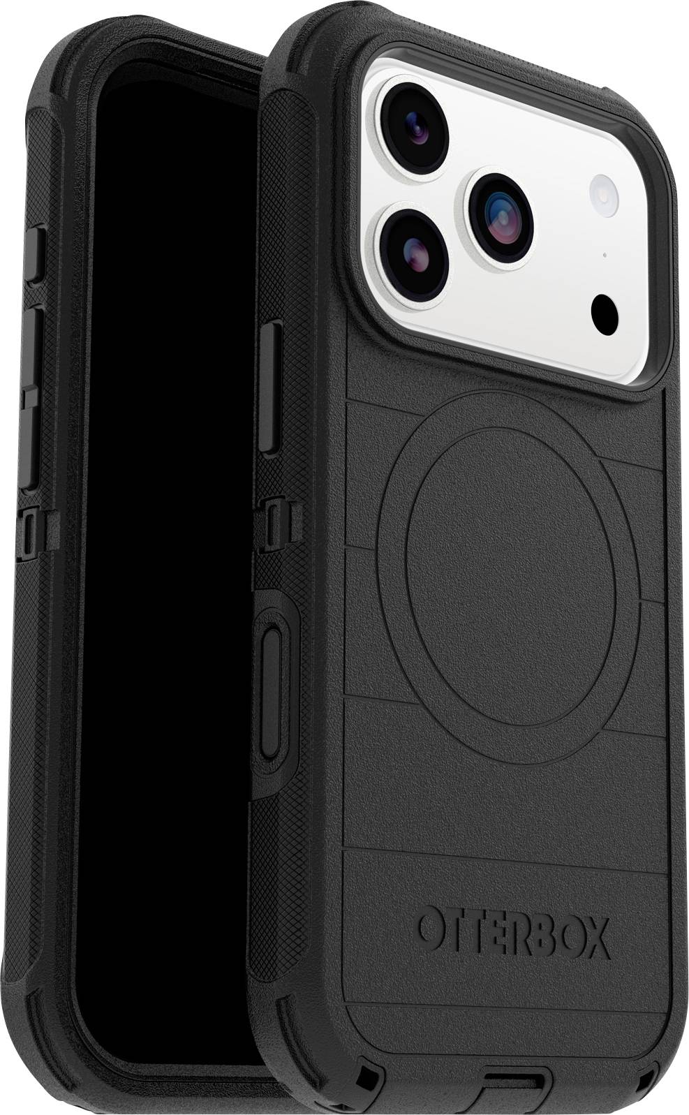 Ein schwarzes Otterbox Smartphone-Gehäuse mit robustem Design, präzisen Kameraausschnitten und verstärkten Ecken für Schutz.