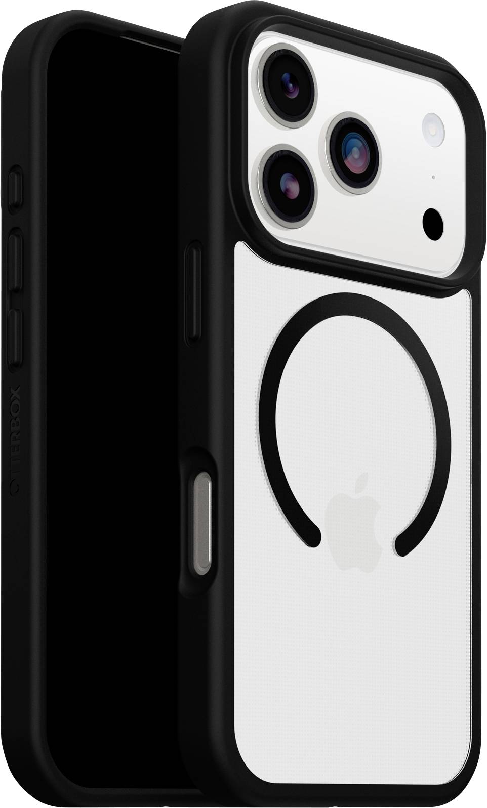 Ein Smartphone mit einem weißen und schwarzen Schutzgehäuse, das drei Kameraobjektive und ein Apple-Logo auf der Rückseite aufweist.