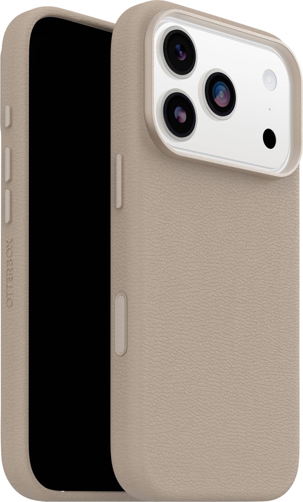 Beige Handyhülle mit strukturierter Oberfläche, mit Kameraausschnitt für drei Linsen. Markenname 'Otterbox' seitlich sichtbar.