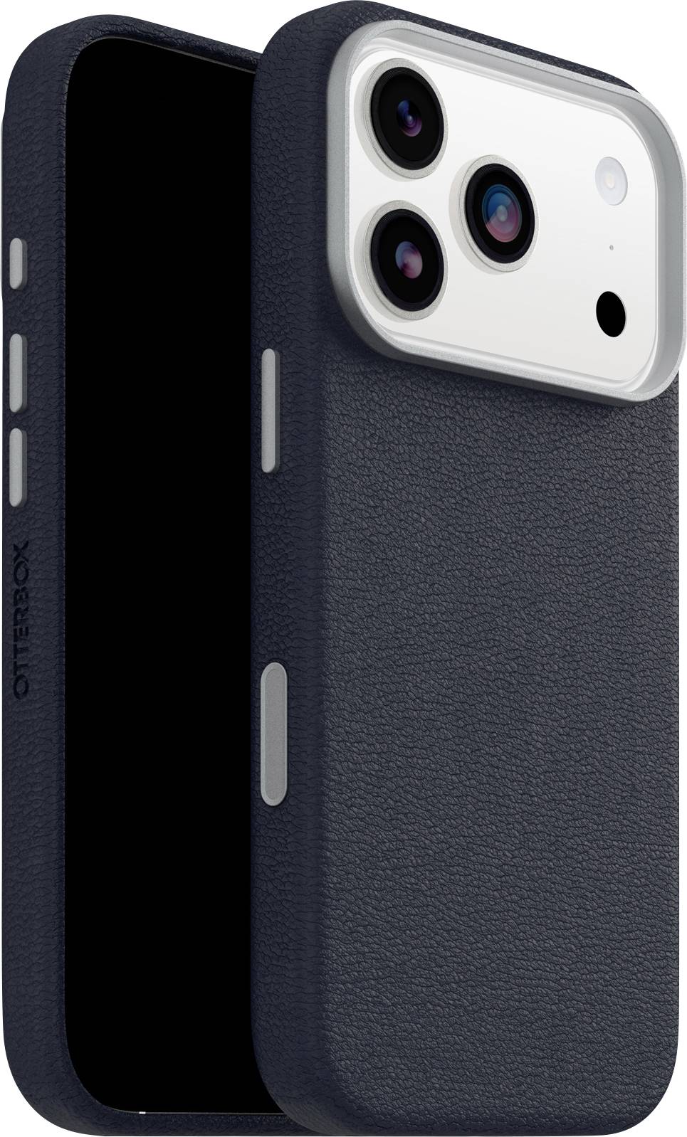 Ein Smartphone in einem dunklen, strukturierten Gehäuse, das seine Rückseite mit dreifacher Kameralinse und Blitz präsentiert. Das Gehäuse verfügt über seitliche Tasten.