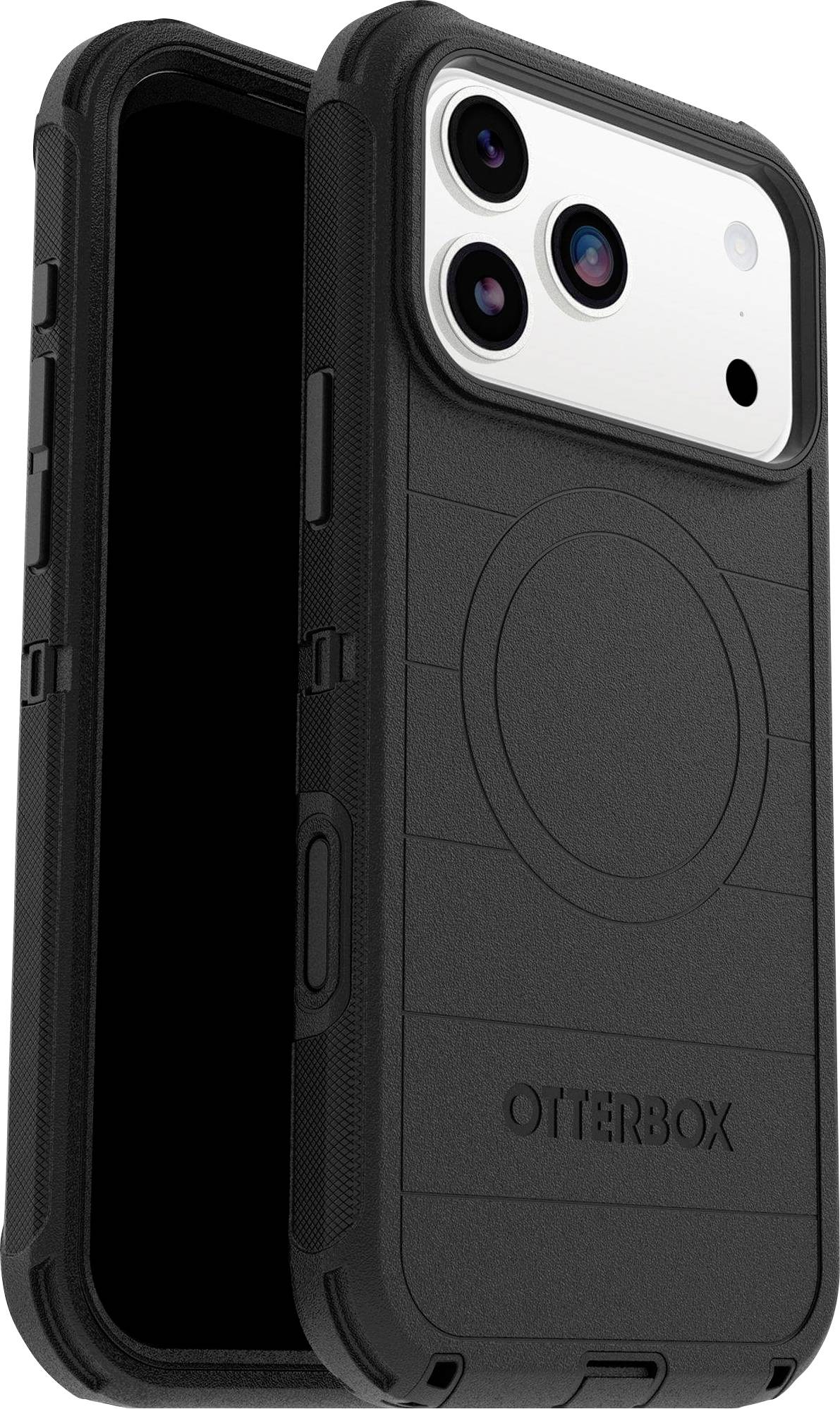 Ein Smartphone in einem robusten schwarzen OtterBox-Gehäuse, das drei Rückkameralinsen zeigt, entwickelt für verbesserten Schutz und Langlebigkeit.