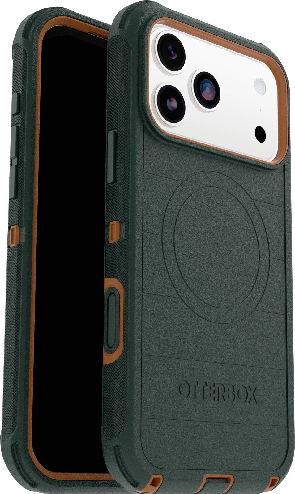 Ein robustes Smartphone-Gehäuse in Grün und Orange von der Marke 'OtterBox', entwickelt für Langlebigkeit und Kameraschutz, mit sichtbaren Kameraausschnitten.