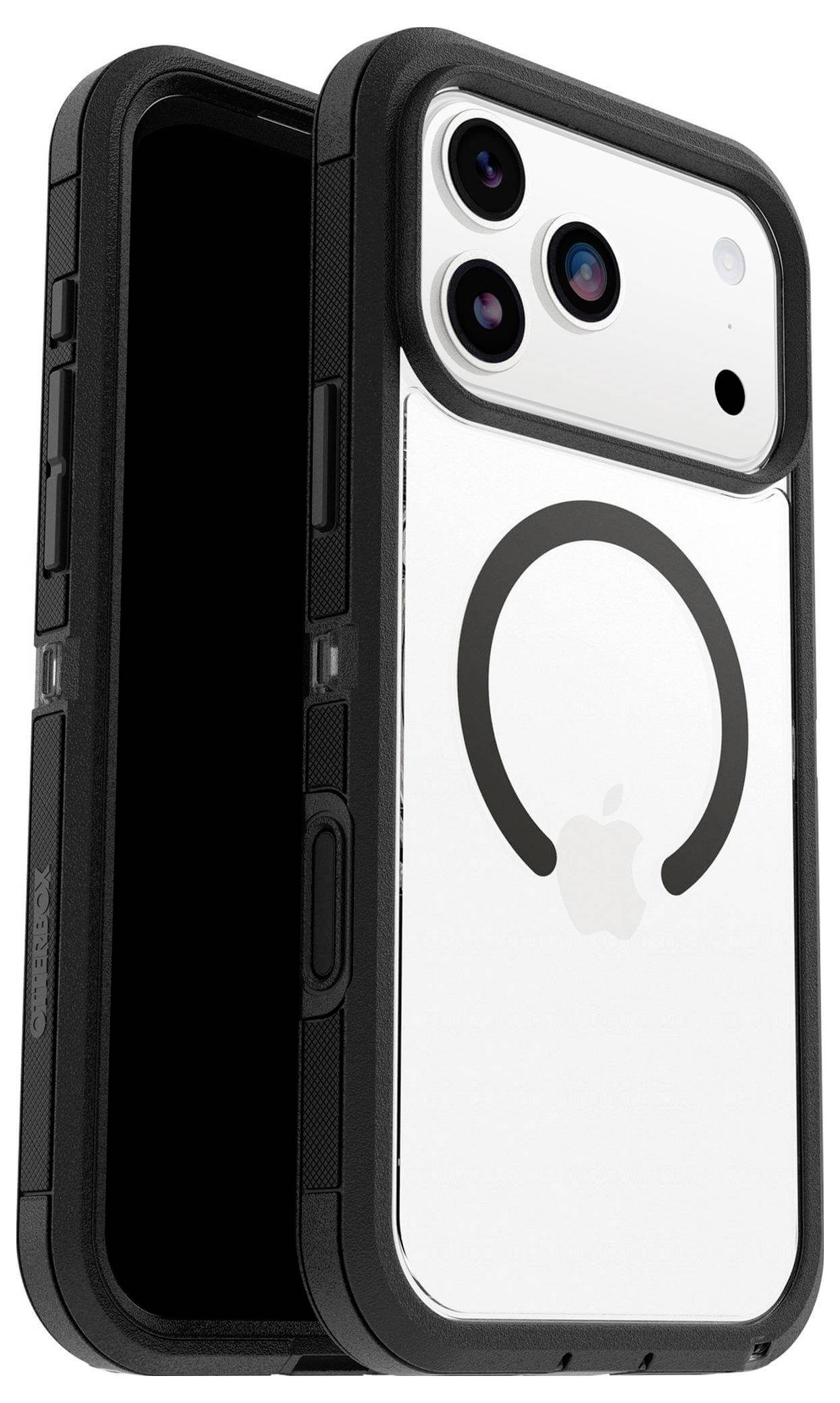 Ein Smartphone mit einer schützenden schwarzen Hülle, das Kameraobjektive und ein Apple-Logo auf der Rückseite sowie eine kreisförmige Magnetform aufweist.