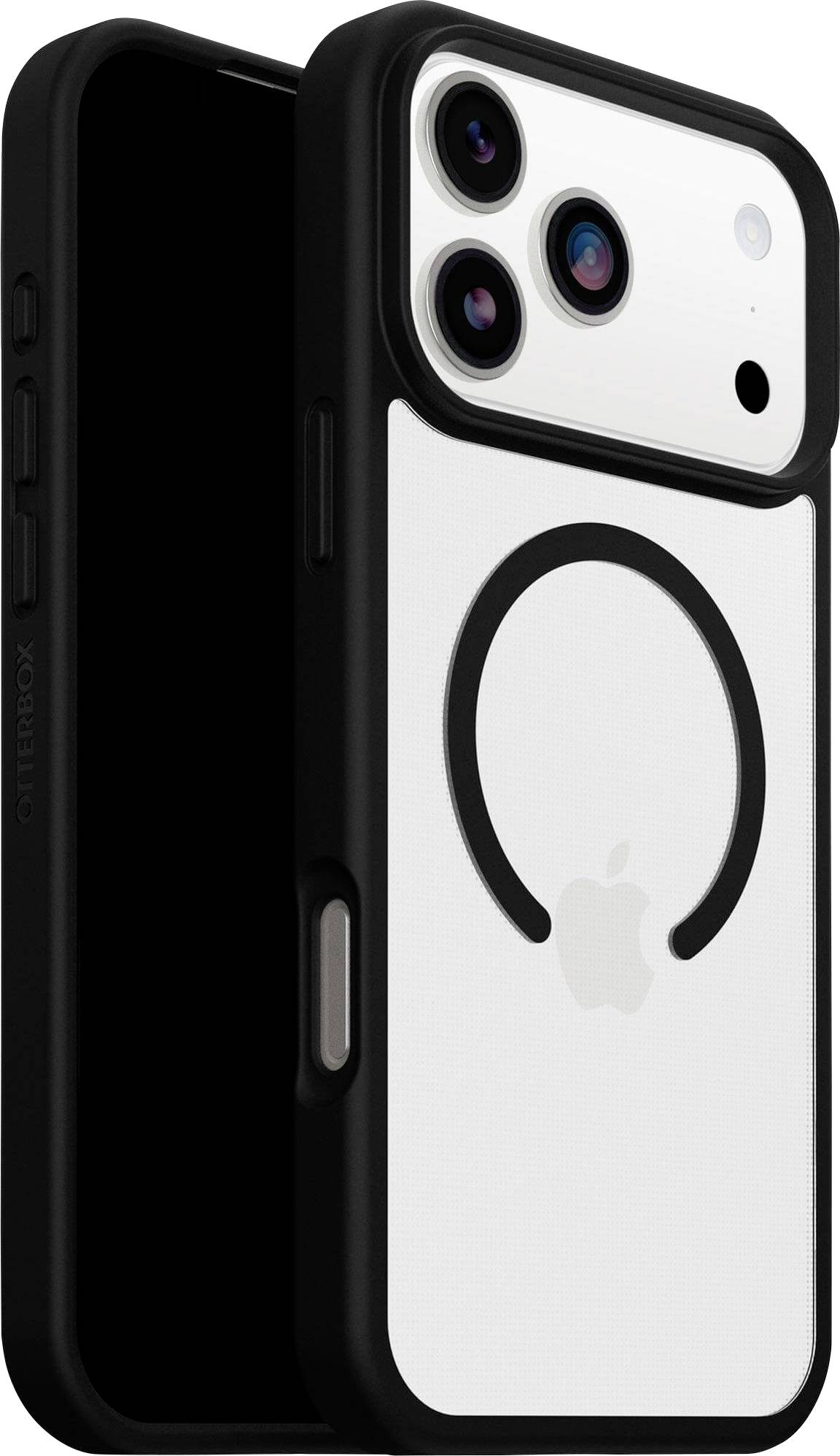 Ein weißes Smartphone mit einer Triple-Lens-Kamera und einem Apple-Logo auf der Rückseite, eingehüllt in eine schwarze Schutzhülle.