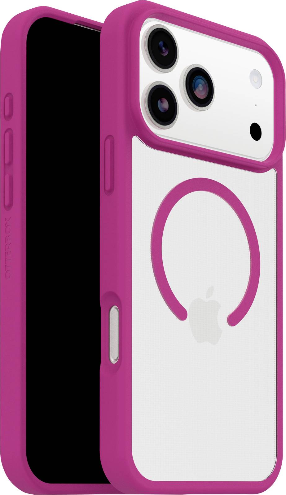 Ein Smartphone mit einer rosa Schutzhülle, das drei Rückkameras und ein Apple-Logo aufweist.