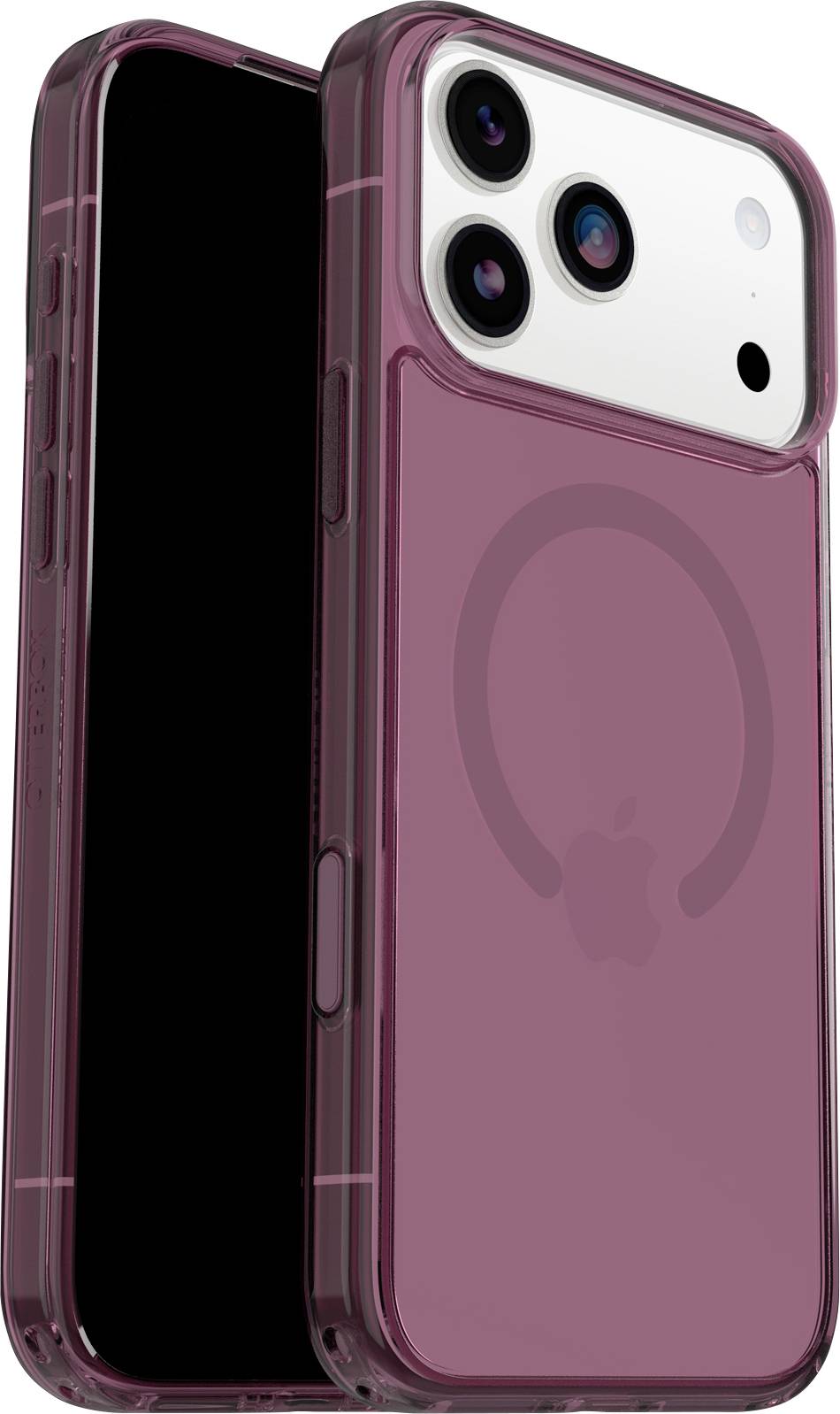 Ein rosa Smartphone mit einem Triple-Kamera-Setup und einer MagSafe-Hülle, das das Design von Vorder- und Rückseite mit einem Apple-Logo zeigt.