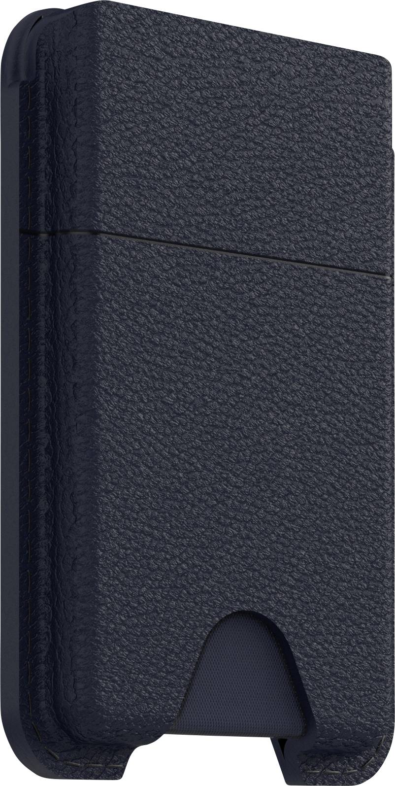 Eine dunkle strukturierte Smartphone-Hülle mit einer vertikalen Naht, entwickelt zum Schutz von Geräten, von der Seite betrachtet.