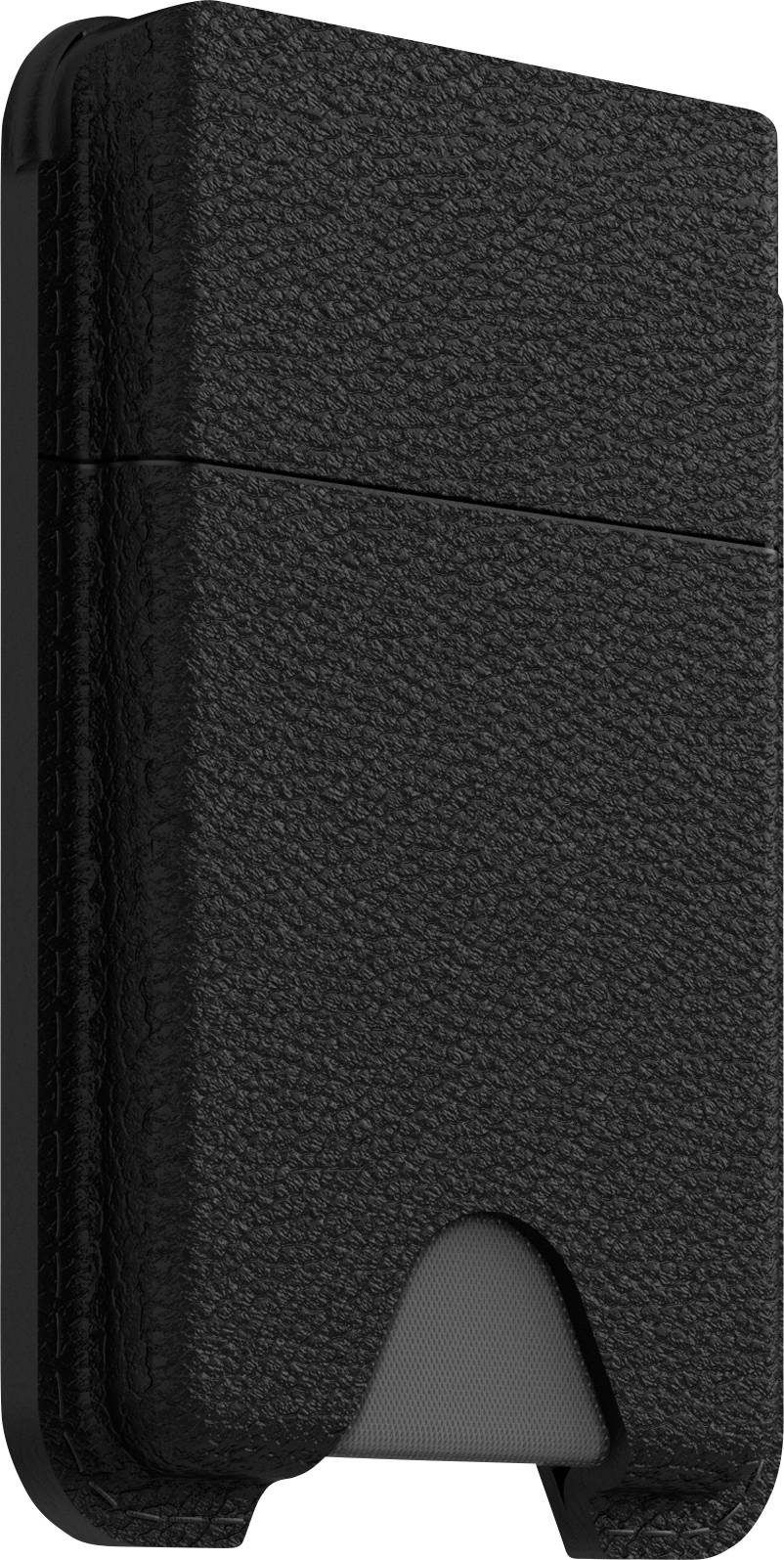 Ein schwarzer, strukturierter Handyhülle mit einer Aussparung am unteren Ende für einfachen Zugang zu den Anschlüssen. Die Hülle ist geschlossen und von der Seite zu sehen.