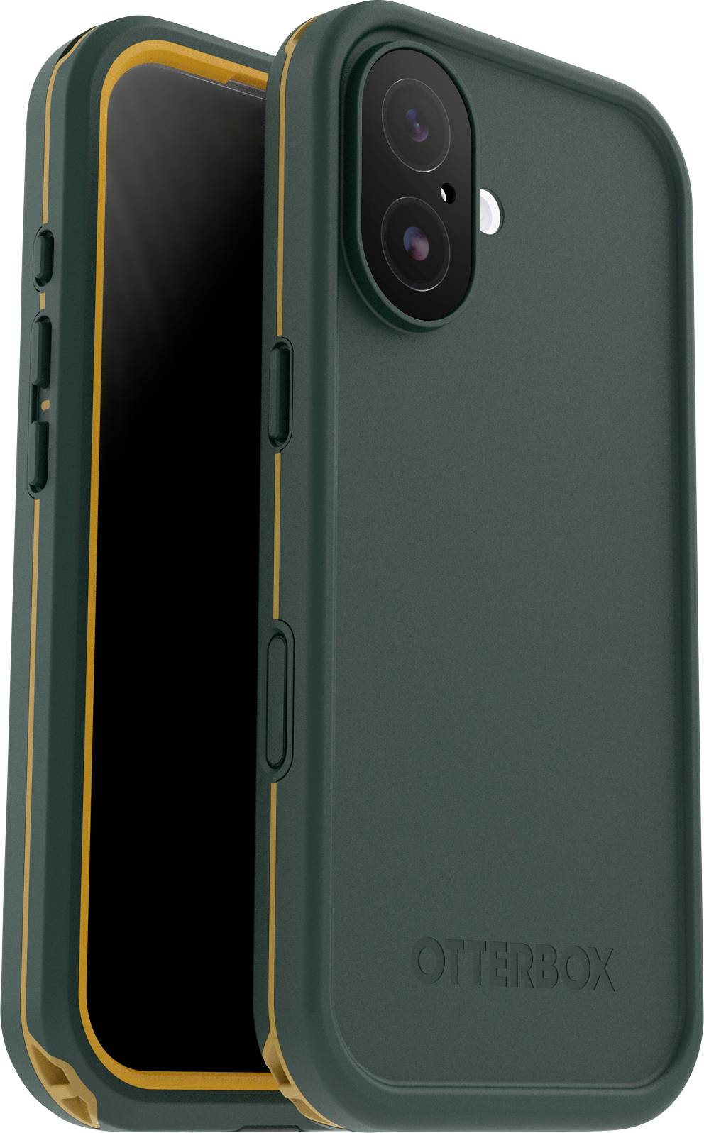 Ein Smartphone in einem dunkelgrünen und orangefarbenen OtterBox-Gehäuse, das die Vorder- und Rückansicht zeigt und das schützende Design hervorhebt.