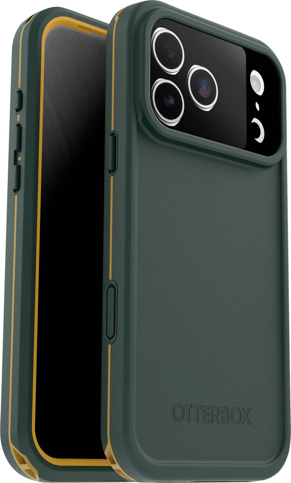 Zwei Smartphones in grünen und orangefarbenen Otterbox-Hüllen, die Kamera- und Knopfdetails präsentieren. Ein Telefon ist von vorne zu sehen, das andere zeigt die Rückseite.