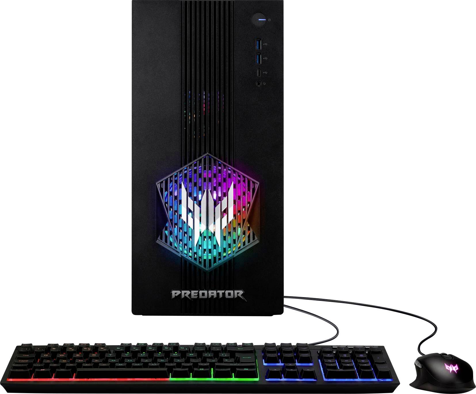 Gaming-Desktop mit mehrfarbigen LED-Beleuchtungen, ausgestattet mit einer passenden beleuchteten Tastatur und Maus, der Marke Predator.