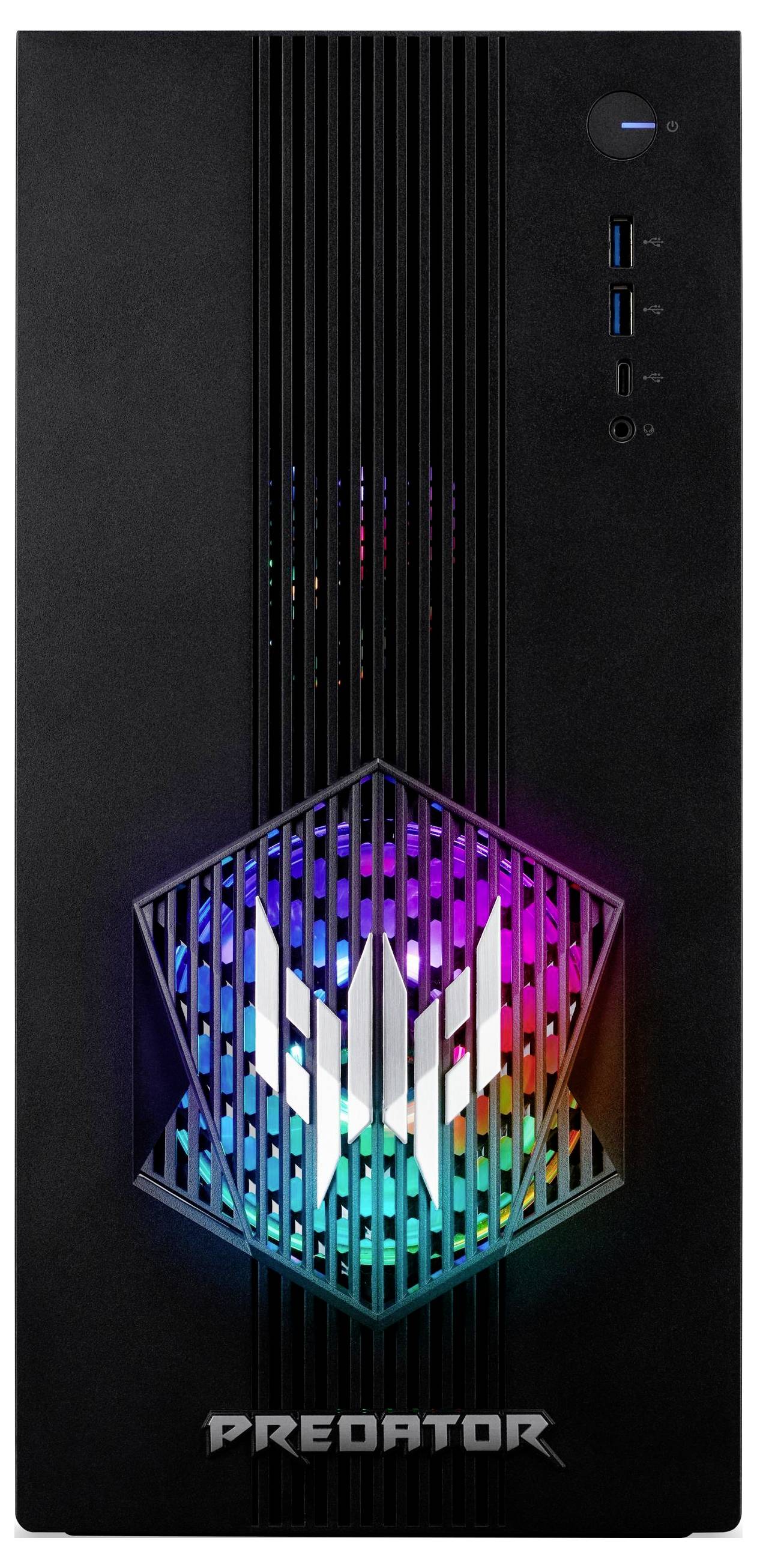 Ein schwarzer Computertower mit vertikalen Lüftungsschlitzen und mehrfarbigen LED-Lichtern, mit dem 'Predator' Logo in der Mitte unten.