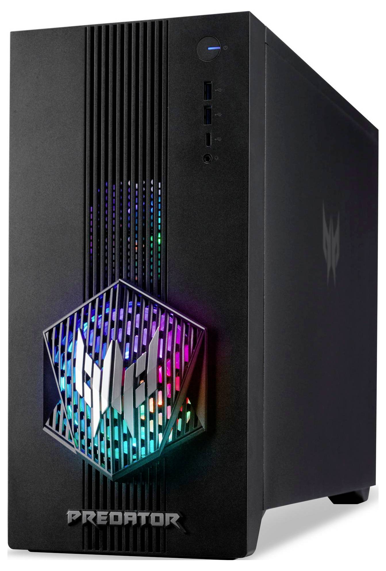 Ein schwarzer Desktop-Computerturm mit einem LED-beleuchteten Frontpanel in bunten Farben, das ein geometrisches Design aufweist und das Wort 