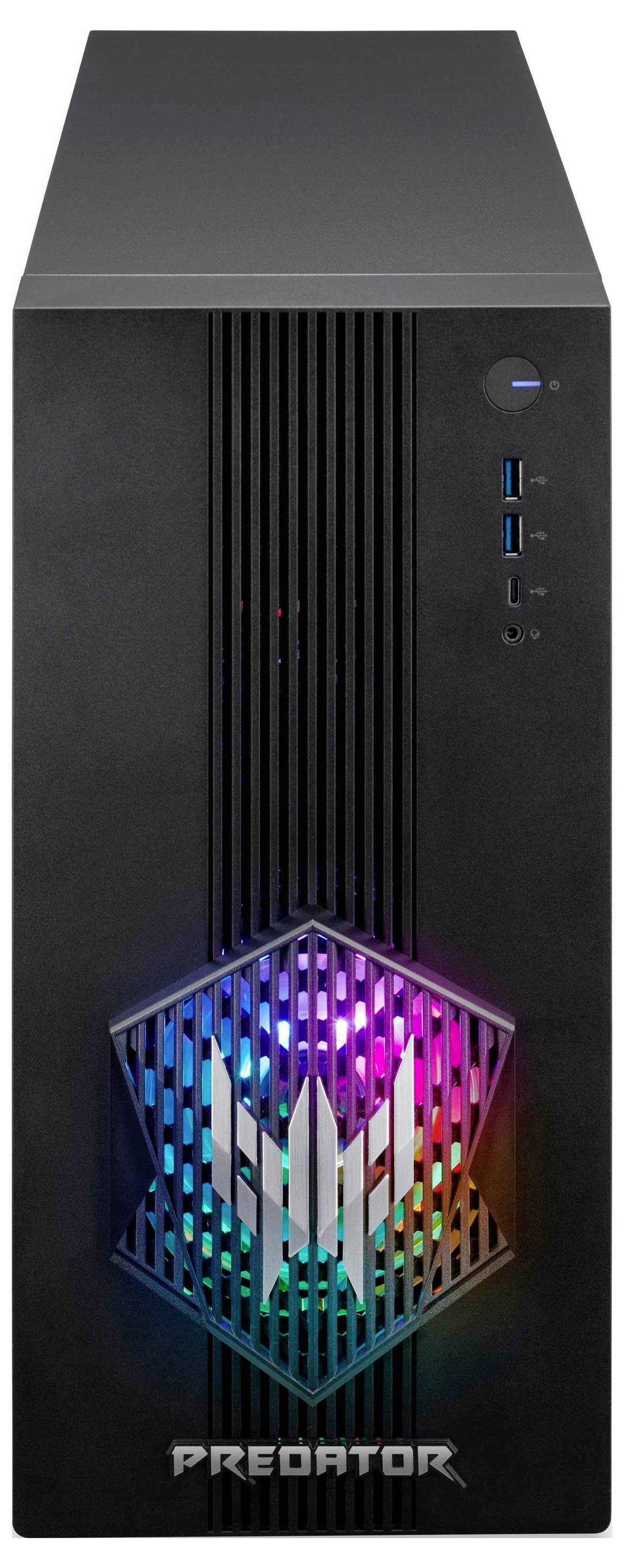 Ein schwarzer Gaming-Desktop-Tower mit RGB-Beleuchtung und vorderen Anschlüssen, der Marke 'Predator'.