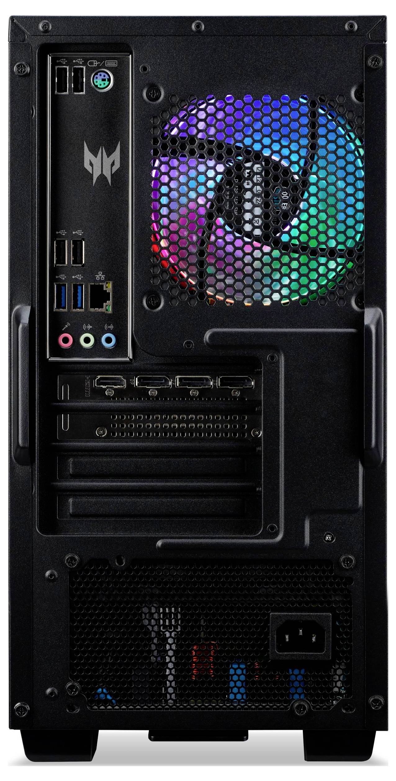Rückansicht eines Gaming-PCs mit Anschlüssen und einem Lüfter mit bunten LED-Beleuchtung. Enthält USB-Anschlüsse, Audioports, HDMI-Anschlüsse und einen Netzteilanschluss.